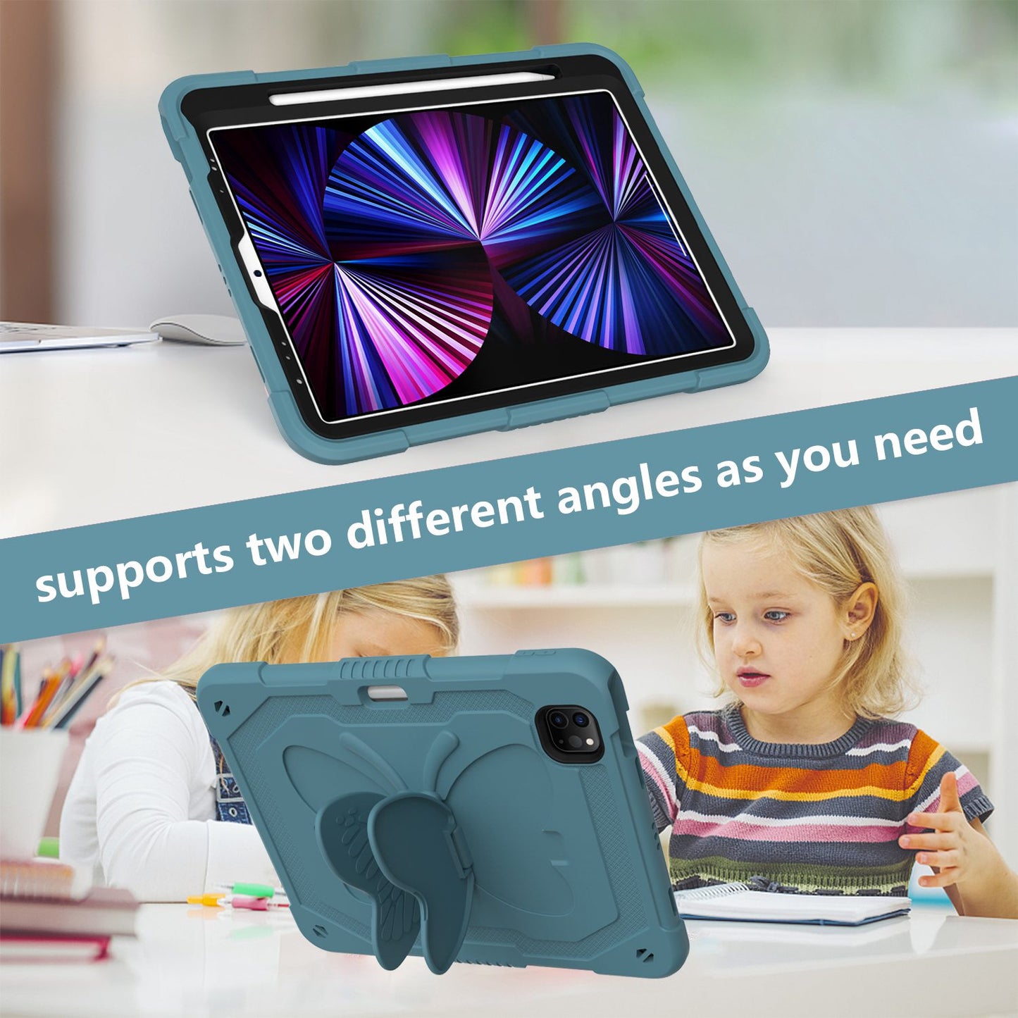 For iPad Pro 11-inch (2021) / (2020) / (2018) / iPad Air (2022) / (2020) Butterfly Shape Kickstand Tablet Case Silicone + PC Shockproof Cover with Shoulder Strap