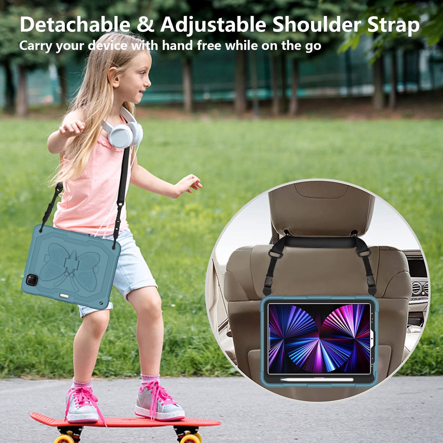 For iPad Pro 11-inch (2021) / (2020) / (2018) / iPad Air (2022) / (2020) Butterfly Shape Kickstand Tablet Case Silicone + PC Shockproof Cover with Shoulder Strap