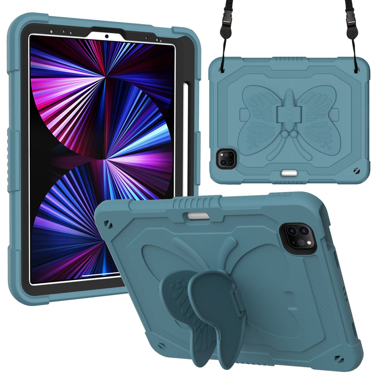 For iPad Pro 11-inch (2021) / (2020) / (2018) / iPad Air (2022) / (2020) Butterfly Shape Kickstand Tablet Case Silicone + PC Shockproof Cover with Shoulder Strap