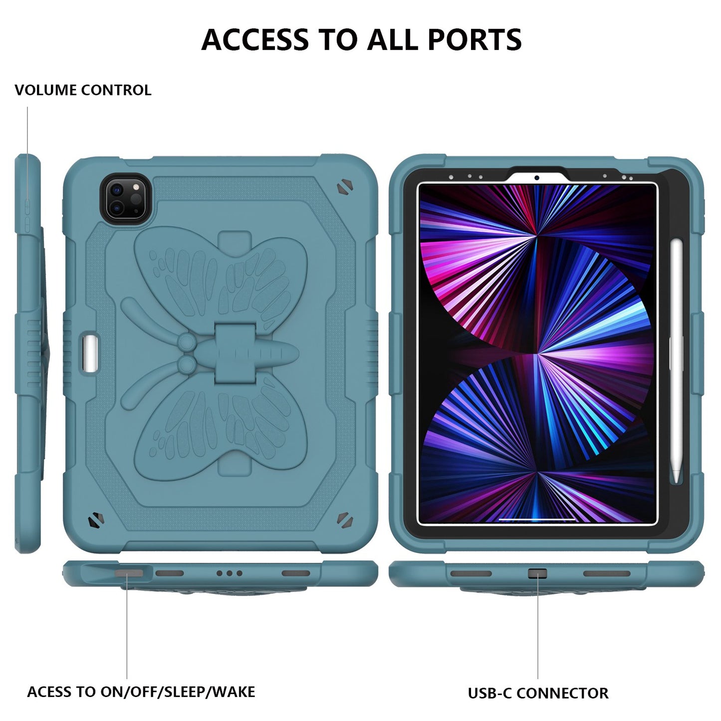 For iPad Pro 11-inch (2021) / (2020) / (2018) / iPad Air (2022) / (2020) Butterfly Shape Kickstand Tablet Case Silicone + PC Shockproof Cover with Shoulder Strap