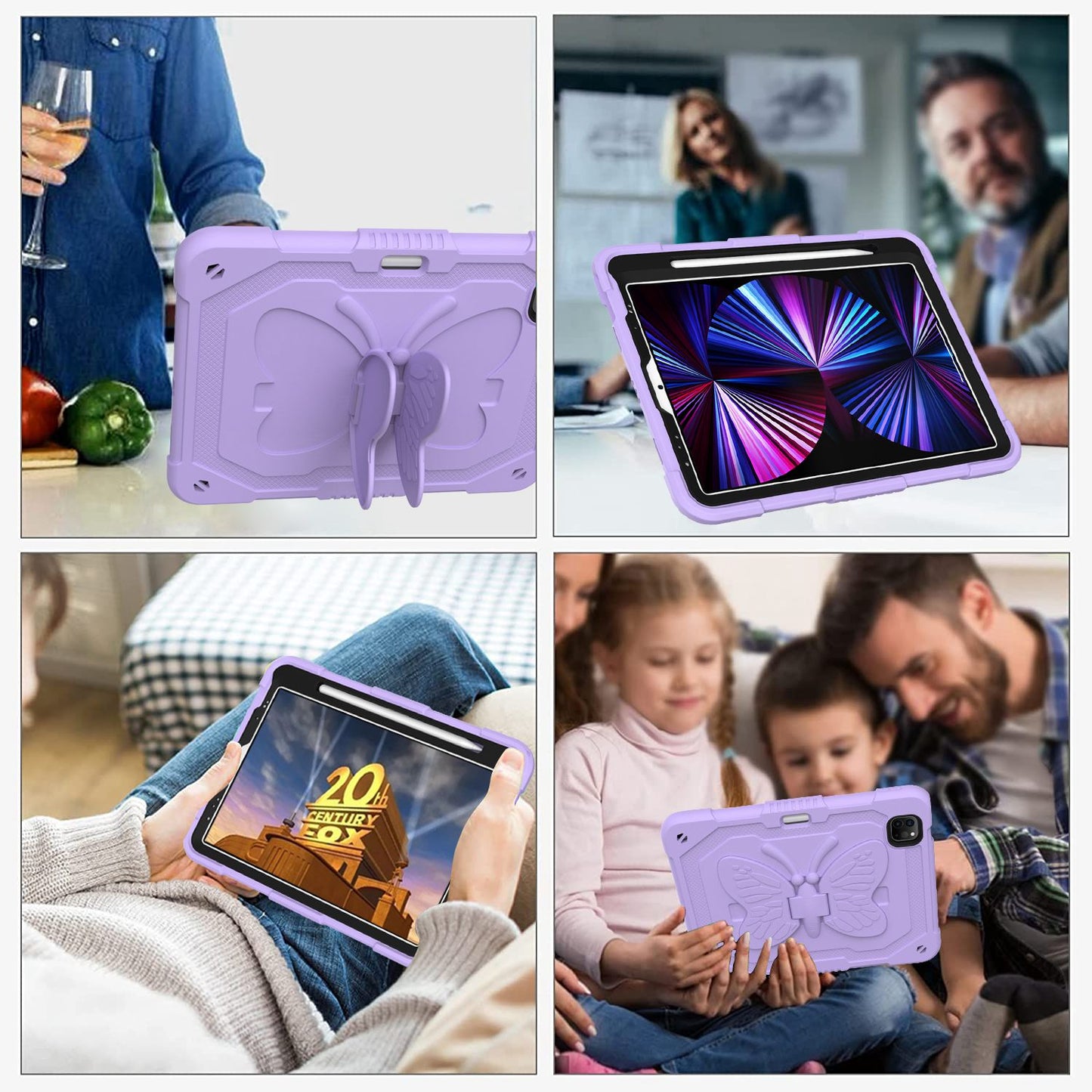 For iPad Pro 11-inch (2021) / (2020) / (2018) / iPad Air (2022) / (2020) Butterfly Shape Kickstand Tablet Case Silicone + PC Shockproof Cover with Shoulder Strap