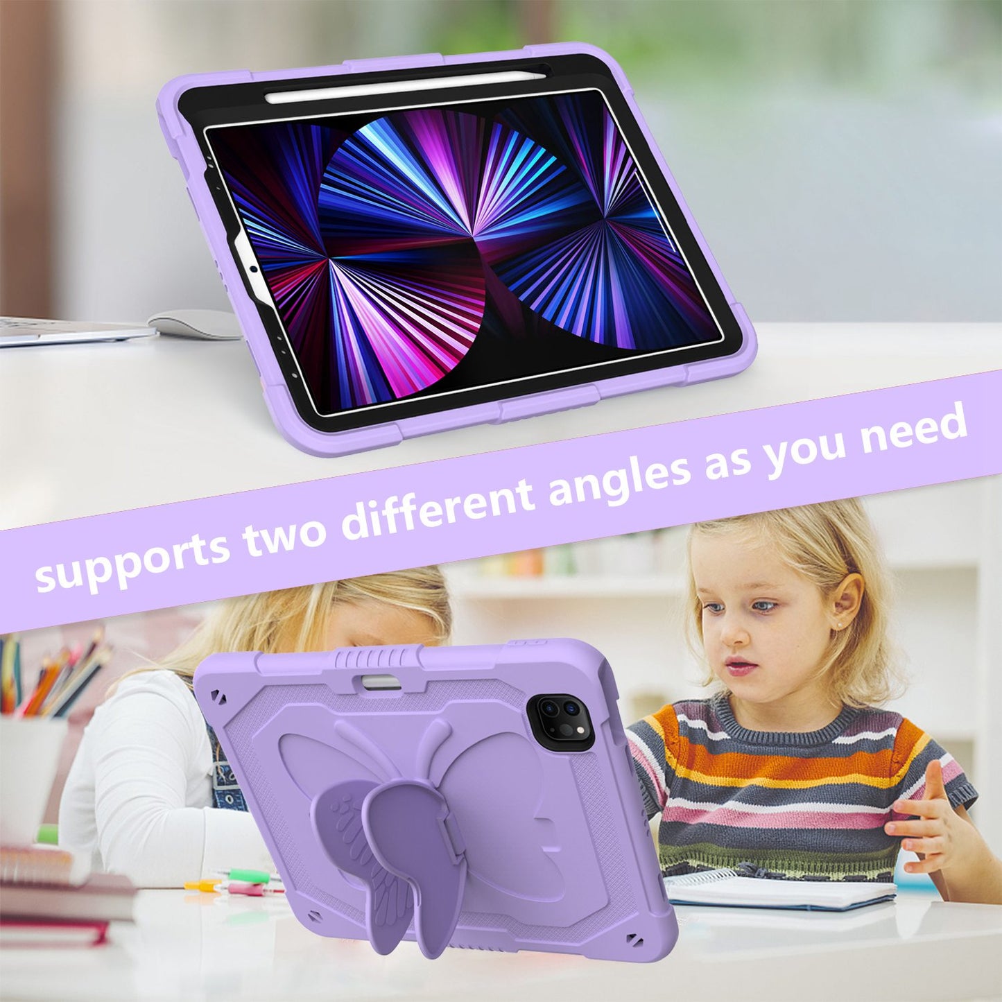 For iPad Pro 11-inch (2021) / (2020) / (2018) / iPad Air (2022) / (2020) Butterfly Shape Kickstand Tablet Case Silicone + PC Shockproof Cover with Shoulder Strap