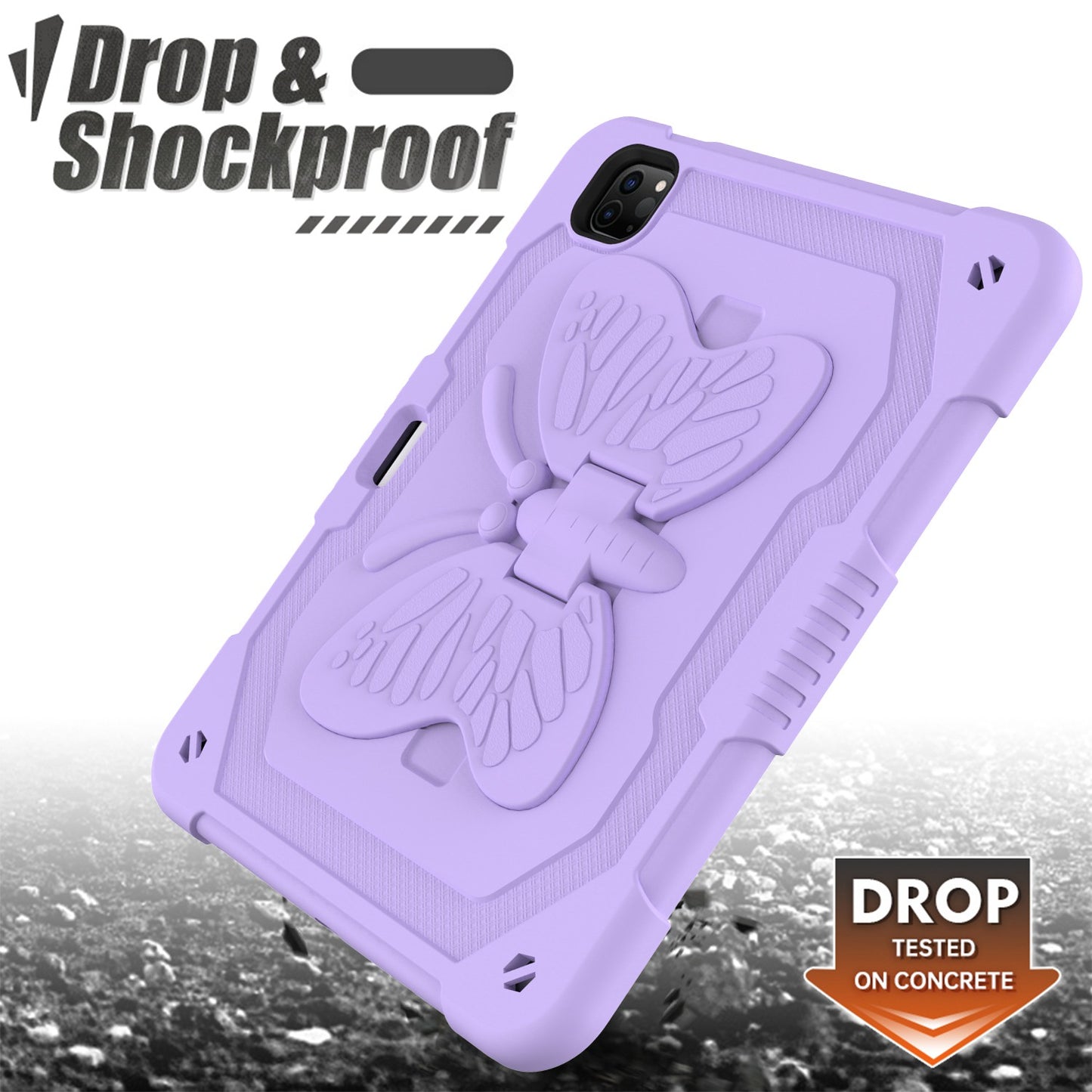 For iPad Pro 11-inch (2021) / (2020) / (2018) / iPad Air (2022) / (2020) Butterfly Shape Kickstand Tablet Case Silicone + PC Shockproof Cover with Shoulder Strap