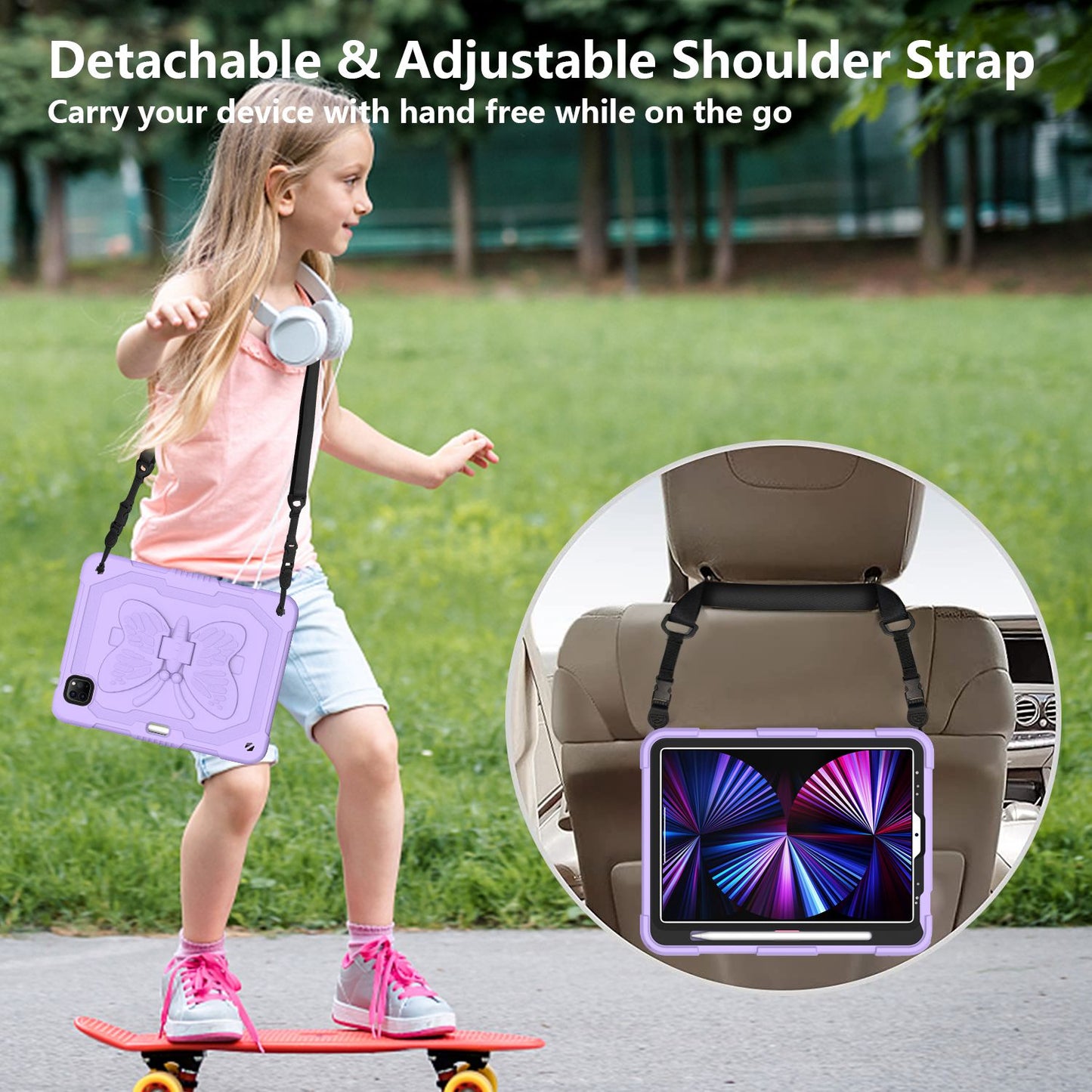 For iPad Pro 11-inch (2021) / (2020) / (2018) / iPad Air (2022) / (2020) Butterfly Shape Kickstand Tablet Case Silicone + PC Shockproof Cover with Shoulder Strap