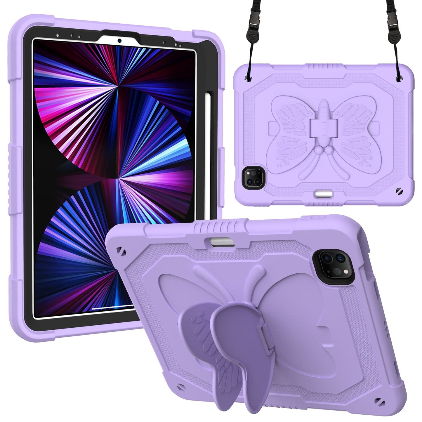 For iPad Pro 11-inch (2021) / (2020) / (2018) / iPad Air (2022) / (2020) Butterfly Shape Kickstand Tablet Case Silicone + PC Shockproof Cover with Shoulder Strap