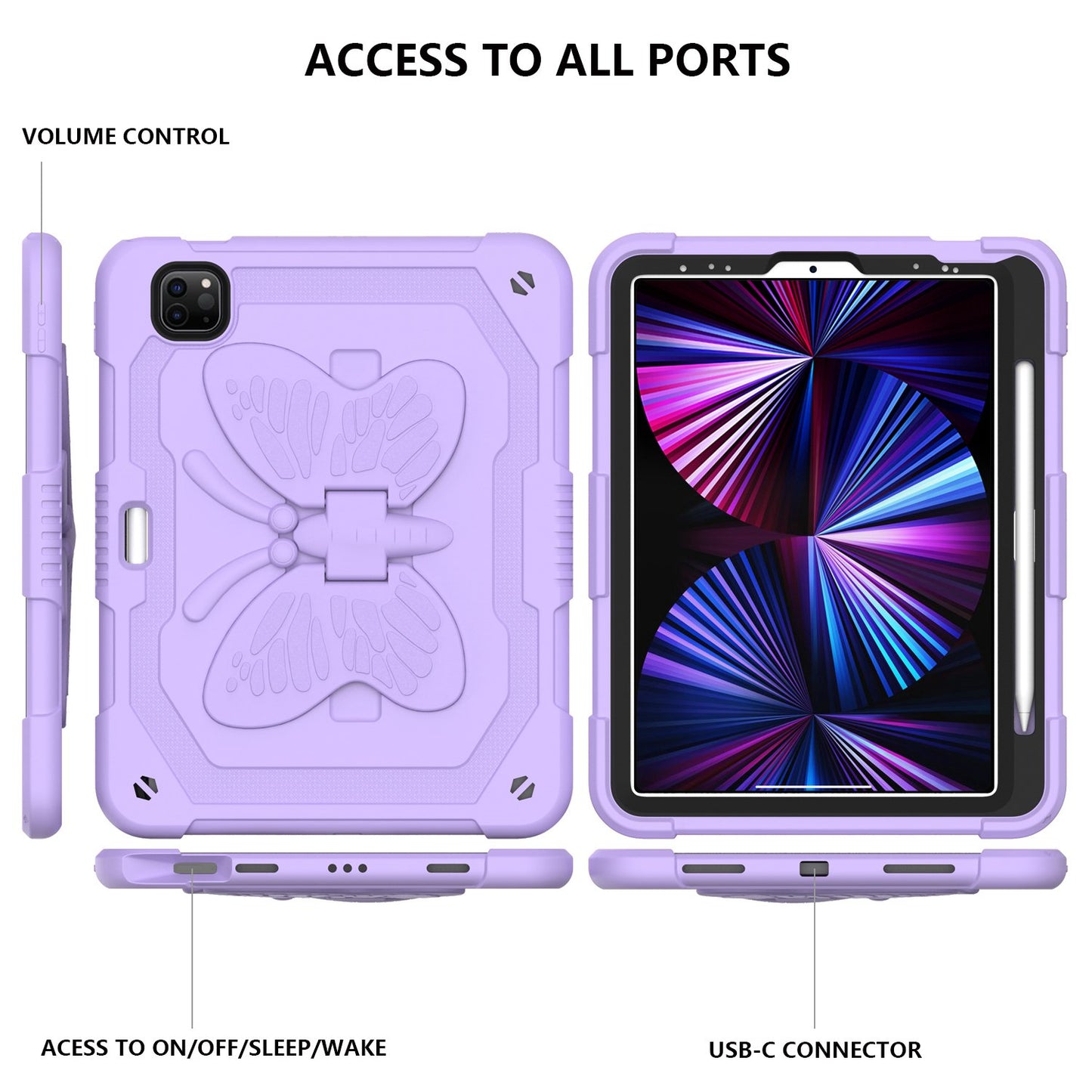 For iPad Pro 11-inch (2021) / (2020) / (2018) / iPad Air (2022) / (2020) Butterfly Shape Kickstand Tablet Case Silicone + PC Shockproof Cover with Shoulder Strap