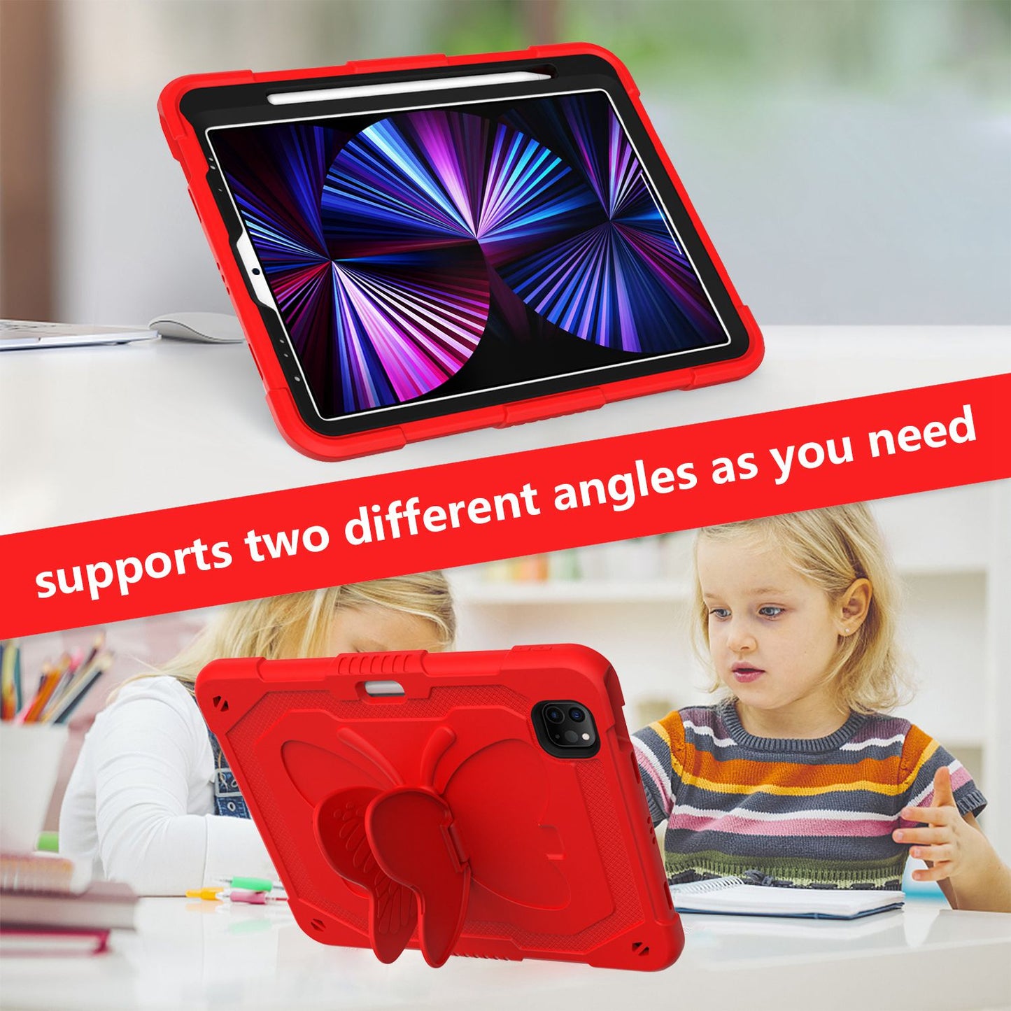 For iPad Pro 11-inch (2021) / (2020) / (2018) / iPad Air (2022) / (2020) Butterfly Shape Kickstand Tablet Case Silicone + PC Shockproof Cover with Shoulder Strap