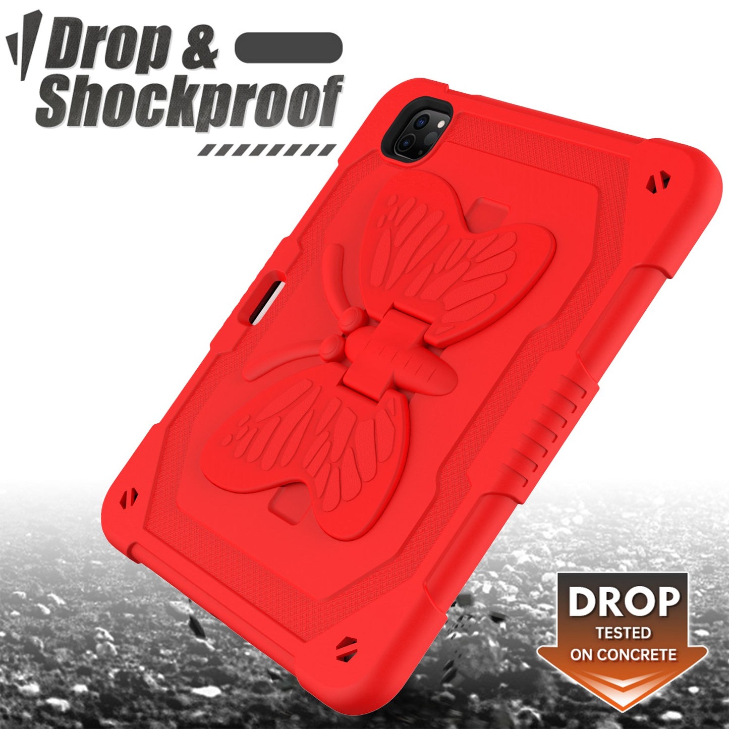 For iPad Pro 11-inch (2021) / (2020) / (2018) / iPad Air (2022) / (2020) Butterfly Shape Kickstand Tablet Case Silicone + PC Shockproof Cover with Shoulder Strap