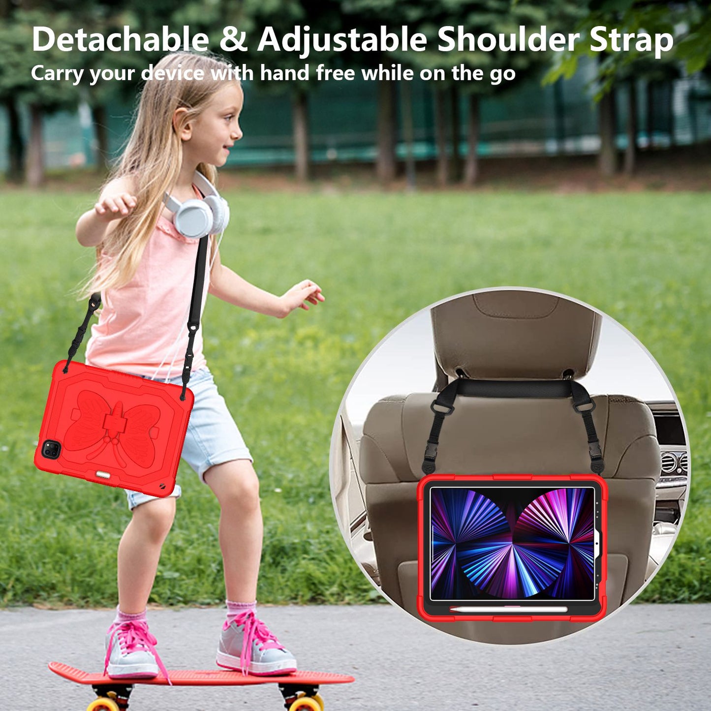 For iPad Pro 11-inch (2021) / (2020) / (2018) / iPad Air (2022) / (2020) Butterfly Shape Kickstand Tablet Case Silicone + PC Shockproof Cover with Shoulder Strap