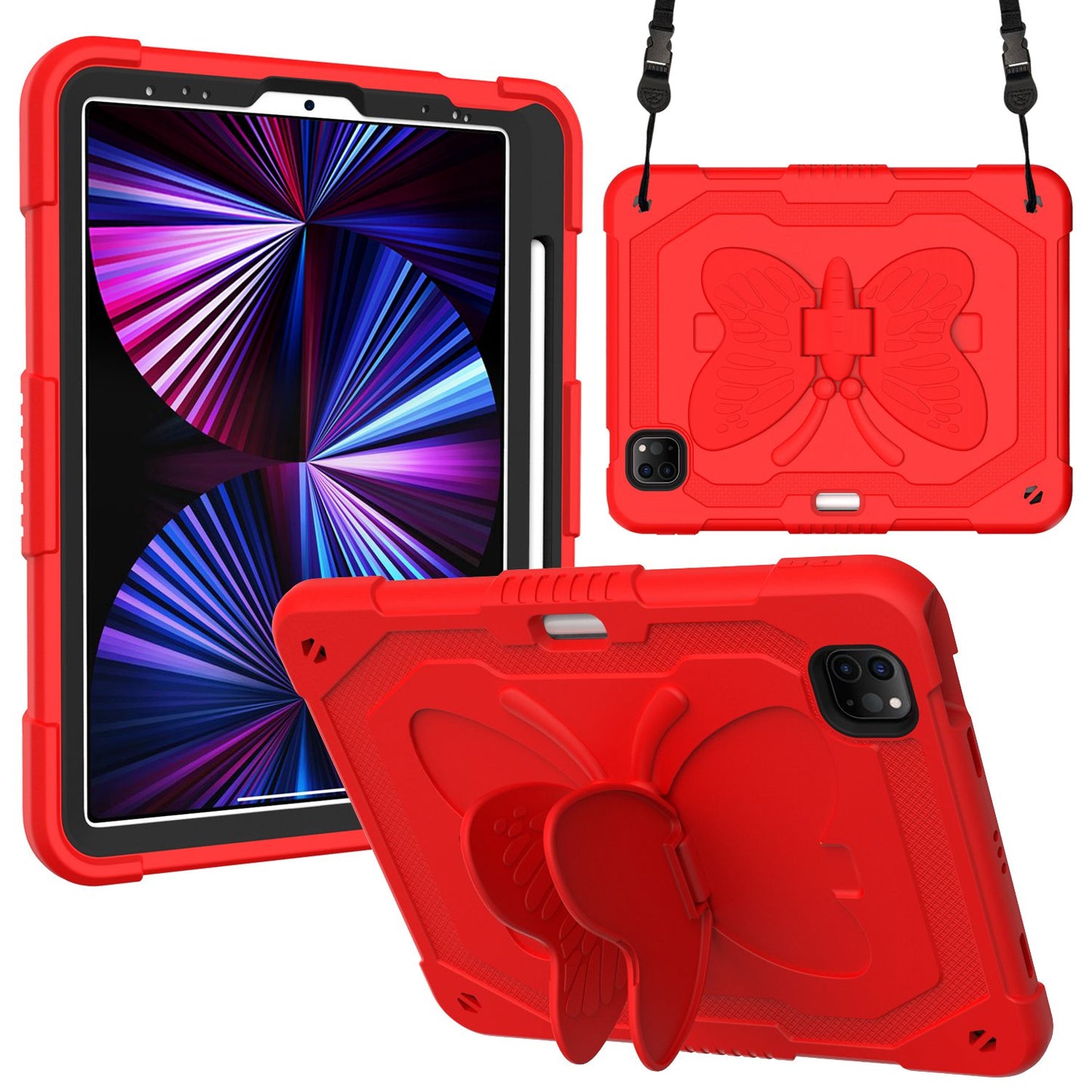 For iPad Pro 11-inch (2021) / (2020) / (2018) / iPad Air (2022) / (2020) Butterfly Shape Kickstand Tablet Case Silicone + PC Shockproof Cover with Shoulder Strap
