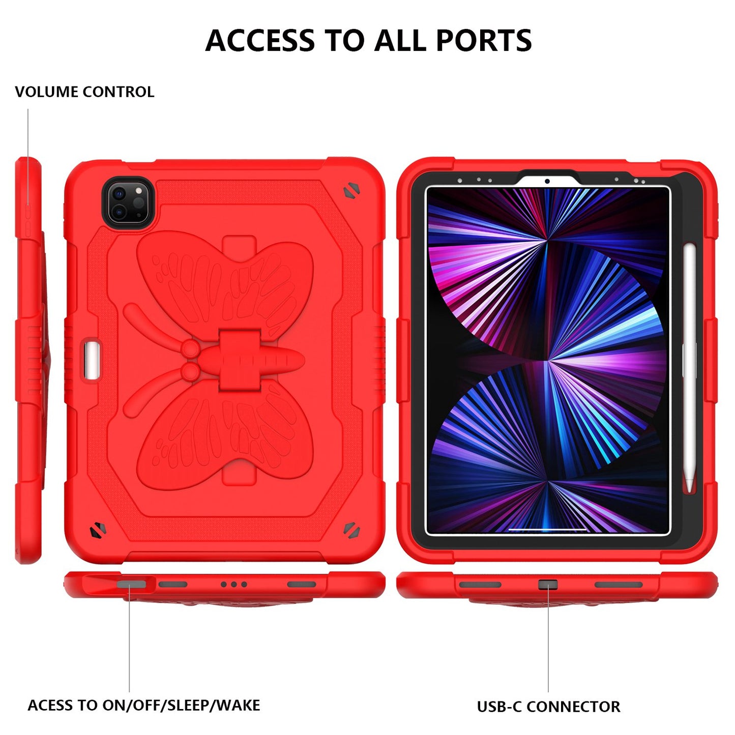 For iPad Pro 11-inch (2021) / (2020) / (2018) / iPad Air (2022) / (2020) Butterfly Shape Kickstand Tablet Case Silicone + PC Shockproof Cover with Shoulder Strap