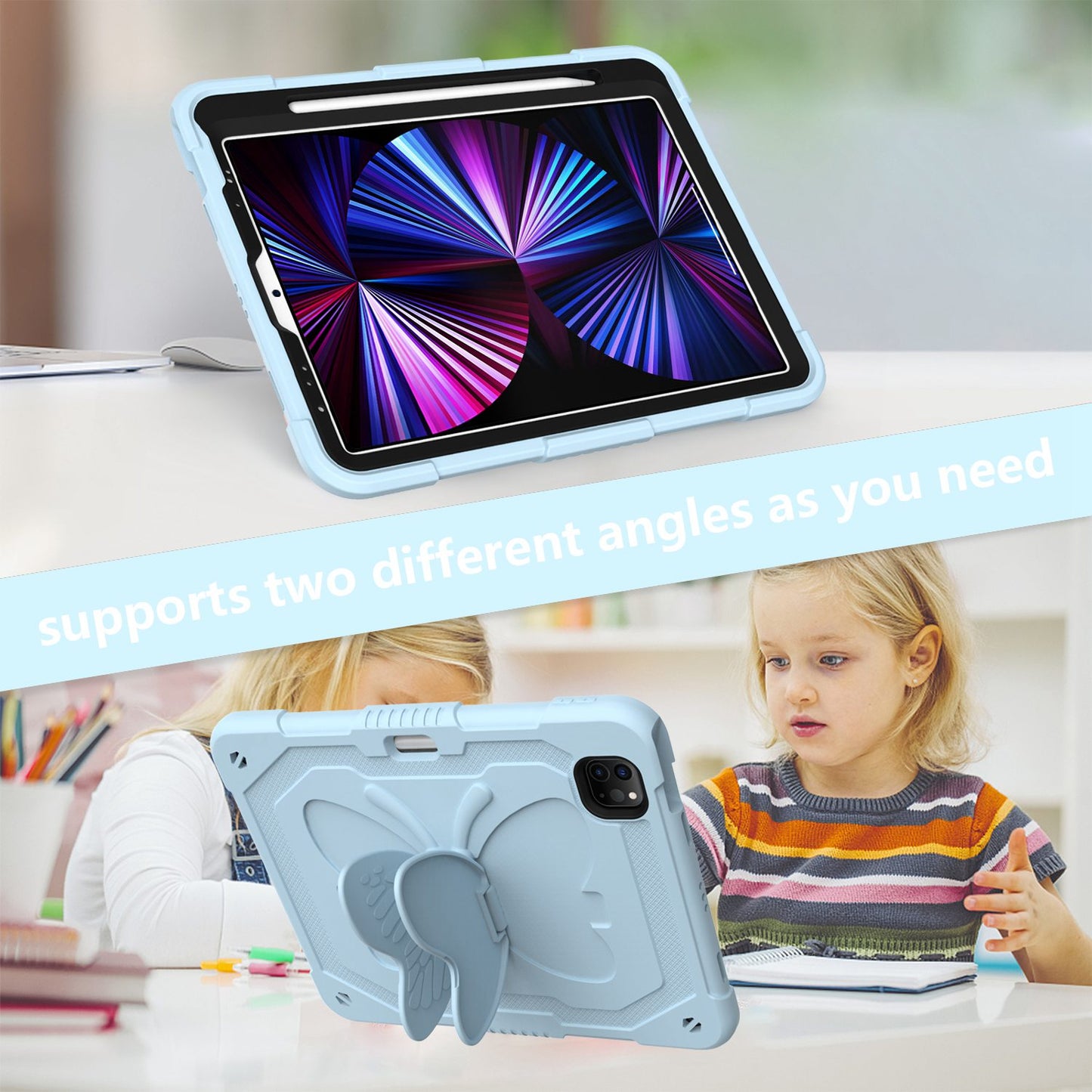 For iPad Pro 11-inch (2021) / (2020) / (2018) / iPad Air (2022) / (2020) Butterfly Shape Kickstand Tablet Case Silicone + PC Shockproof Cover with Shoulder Strap