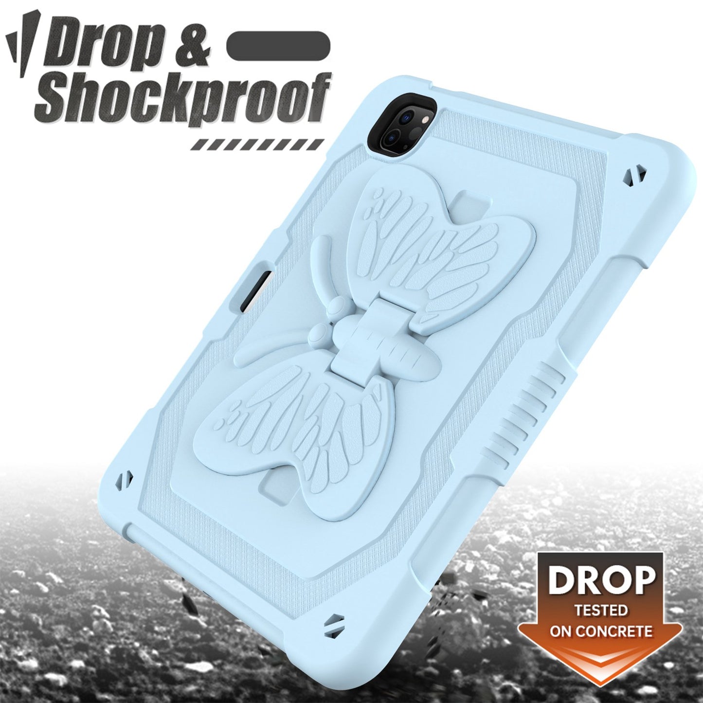 For iPad Pro 11-inch (2021) / (2020) / (2018) / iPad Air (2022) / (2020) Butterfly Shape Kickstand Tablet Case Silicone + PC Shockproof Cover with Shoulder Strap