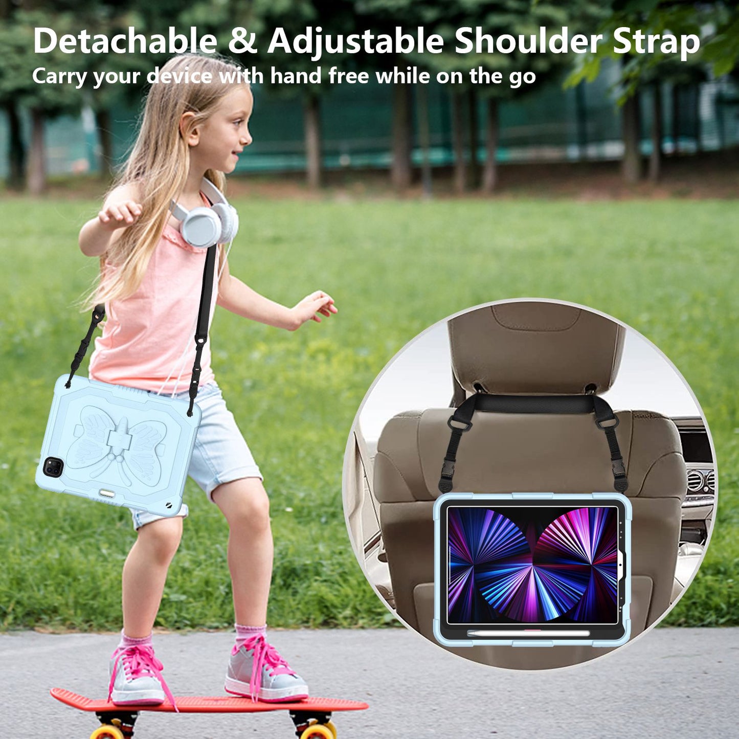 For iPad Pro 11-inch (2021) / (2020) / (2018) / iPad Air (2022) / (2020) Butterfly Shape Kickstand Tablet Case Silicone + PC Shockproof Cover with Shoulder Strap