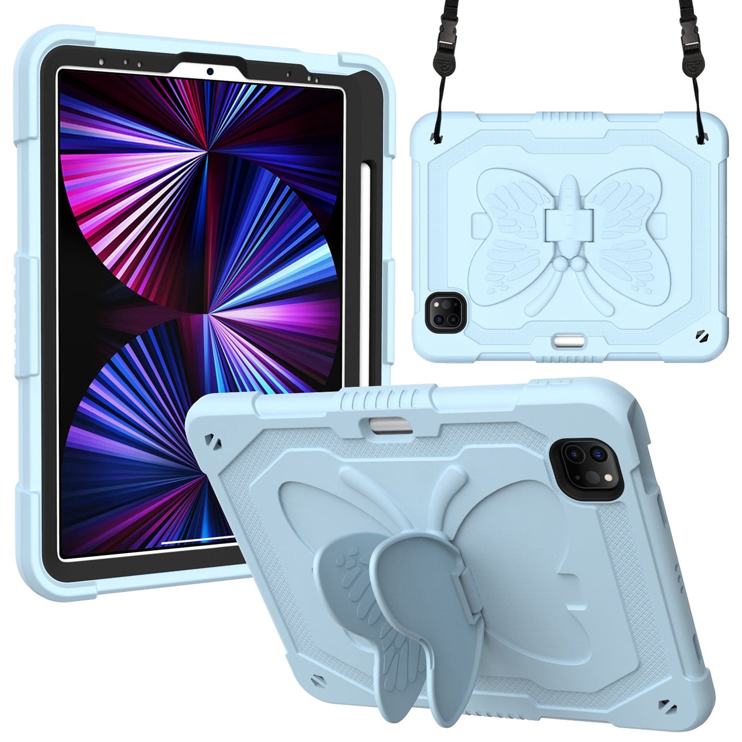 For iPad Pro 11-inch (2021) / (2020) / (2018) / iPad Air (2022) / (2020) Butterfly Shape Kickstand Tablet Case Silicone + PC Shockproof Cover with Shoulder Strap