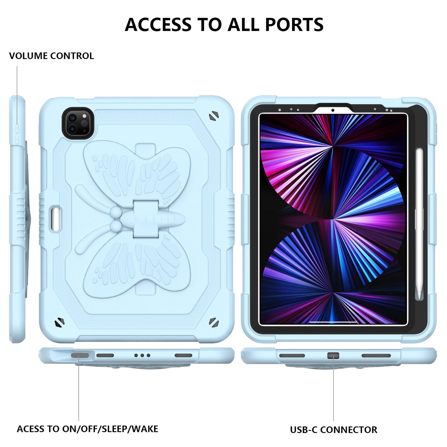 For iPad Pro 11-inch (2021) / (2020) / (2018) / iPad Air (2022) / (2020) Butterfly Shape Kickstand Tablet Case Silicone + PC Shockproof Cover with Shoulder Strap