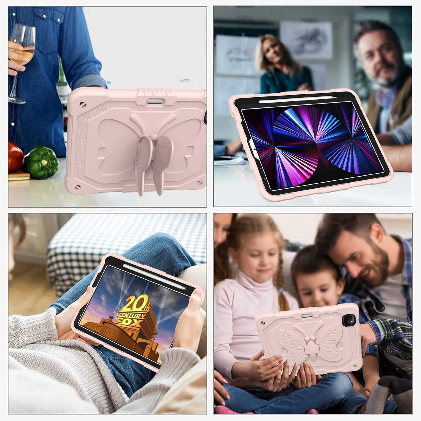 For iPad Pro 11-inch (2021) / (2020) / (2018) / iPad Air (2022) / (2020) Butterfly Shape Kickstand Tablet Case Silicone + PC Shockproof Cover with Shoulder Strap