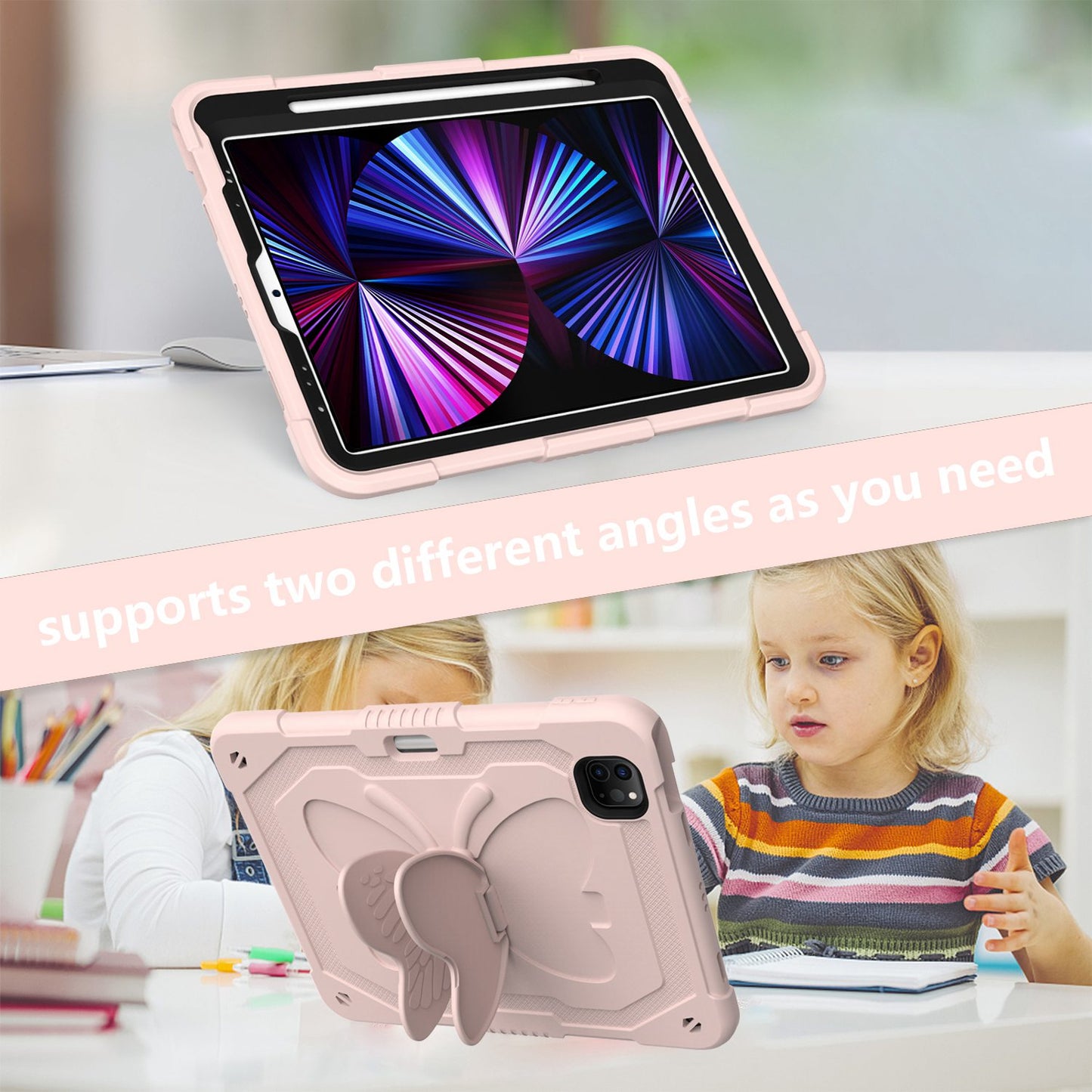 For iPad Pro 11-inch (2021) / (2020) / (2018) / iPad Air (2022) / (2020) Butterfly Shape Kickstand Tablet Case Silicone + PC Shockproof Cover with Shoulder Strap