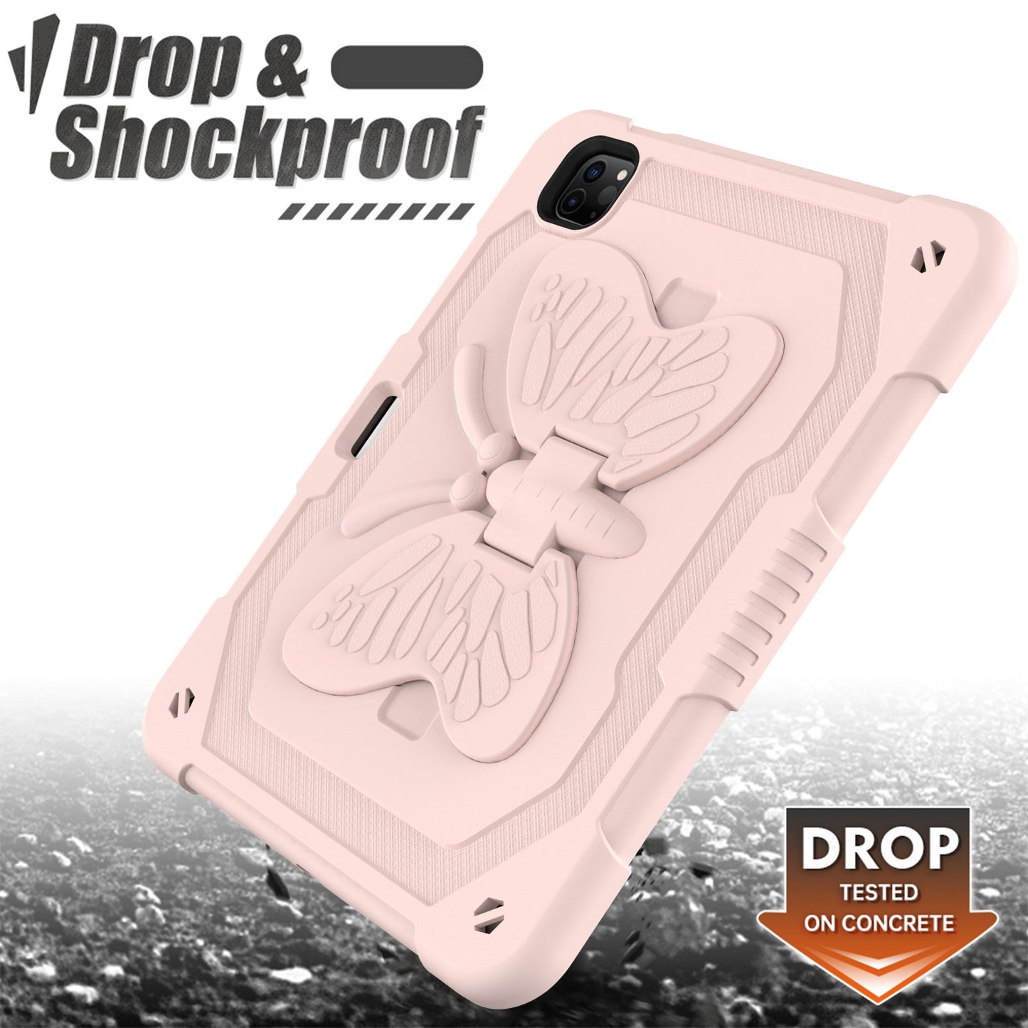 For iPad Pro 11-inch (2021) / (2020) / (2018) / iPad Air (2022) / (2020) Butterfly Shape Kickstand Tablet Case Silicone + PC Shockproof Cover with Shoulder Strap