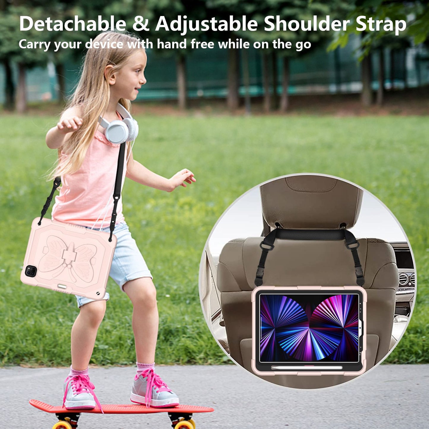 For iPad Pro 11-inch (2021) / (2020) / (2018) / iPad Air (2022) / (2020) Butterfly Shape Kickstand Tablet Case Silicone + PC Shockproof Cover with Shoulder Strap