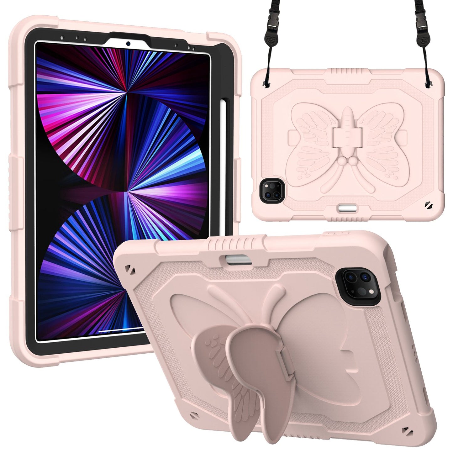 For iPad Pro 11-inch (2021) / (2020) / (2018) / iPad Air (2022) / (2020) Butterfly Shape Kickstand Tablet Case Silicone + PC Shockproof Cover with Shoulder Strap