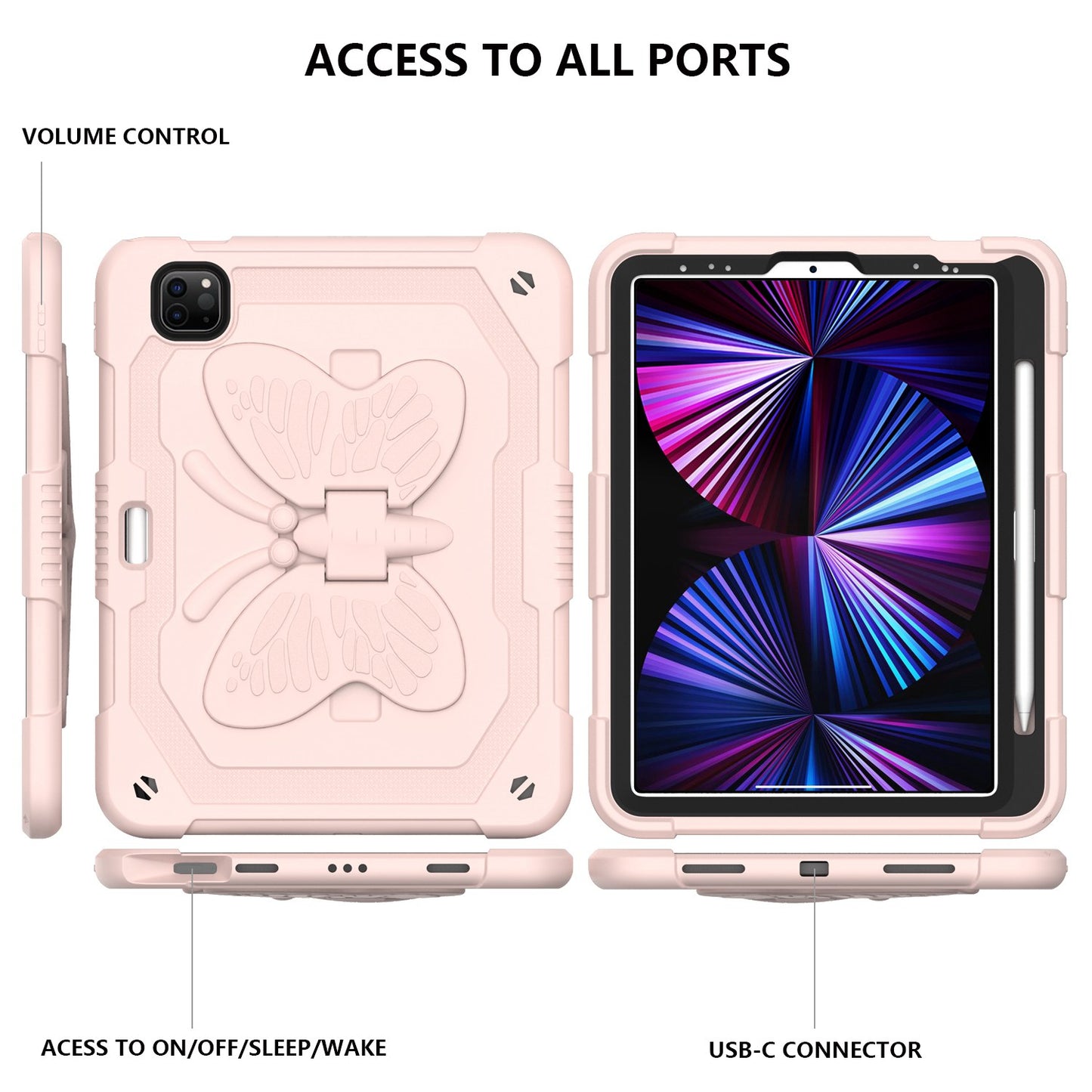 For iPad Pro 11-inch (2021) / (2020) / (2018) / iPad Air (2022) / (2020) Butterfly Shape Kickstand Tablet Case Silicone + PC Shockproof Cover with Shoulder Strap