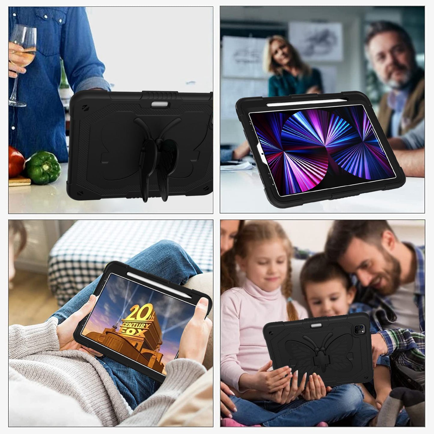 For iPad Pro 11-inch (2021) / (2020) / (2018) / iPad Air (2022) / (2020) Butterfly Shape Kickstand Tablet Case Silicone + PC Shockproof Cover with Shoulder Strap