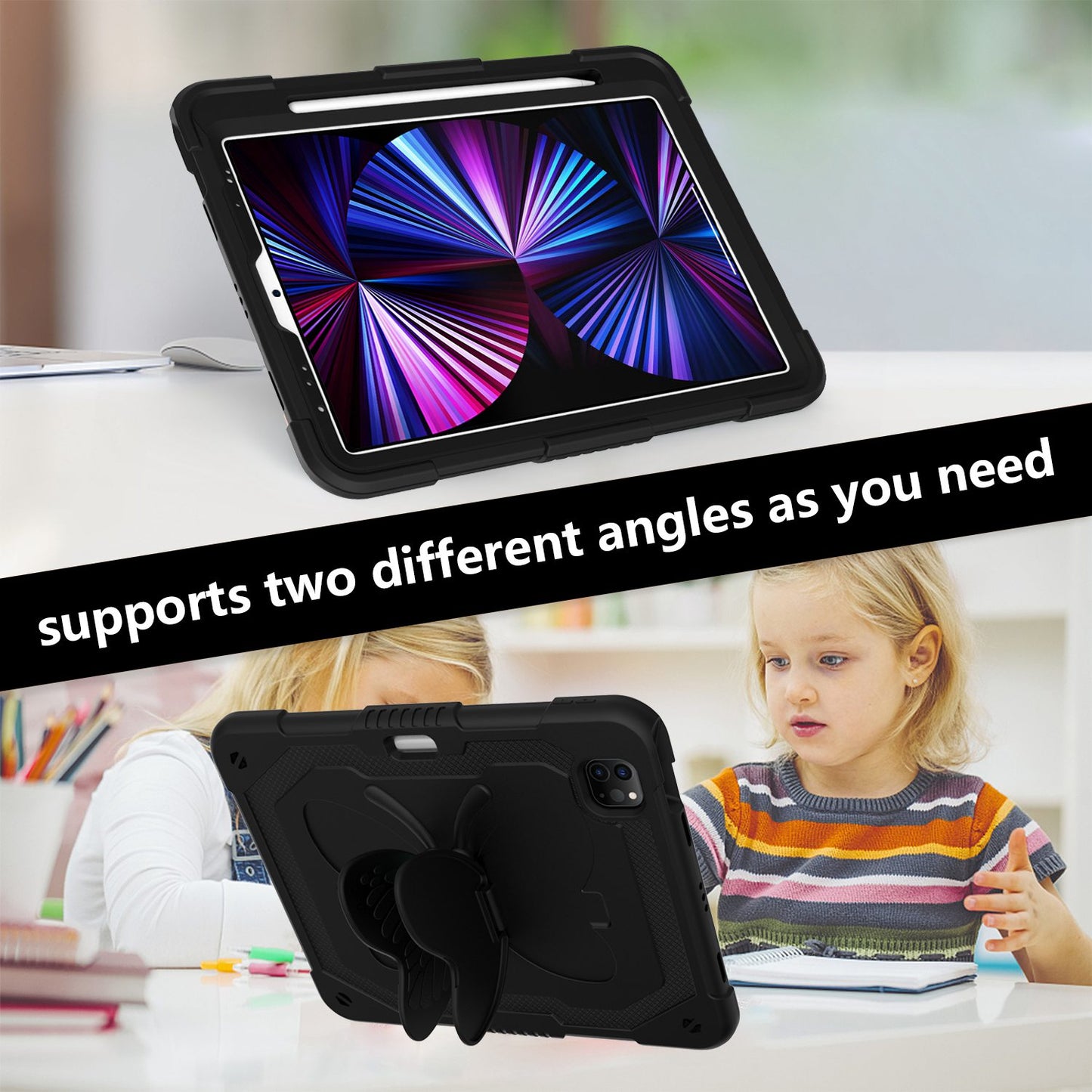 For iPad Pro 11-inch (2021) / (2020) / (2018) / iPad Air (2022) / (2020) Butterfly Shape Kickstand Tablet Case Silicone + PC Shockproof Cover with Shoulder Strap