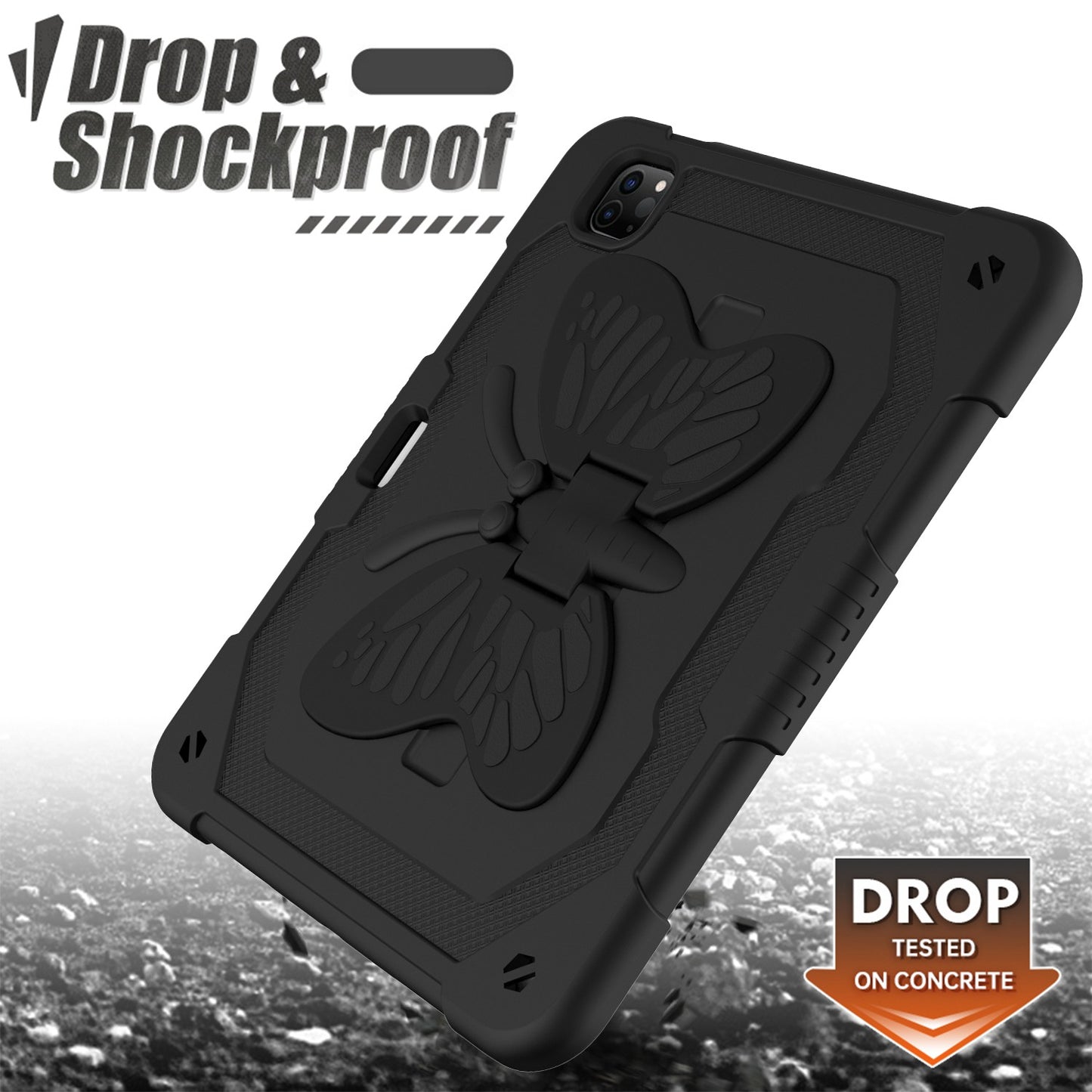 For iPad Pro 11-inch (2021) / (2020) / (2018) / iPad Air (2022) / (2020) Butterfly Shape Kickstand Tablet Case Silicone + PC Shockproof Cover with Shoulder Strap