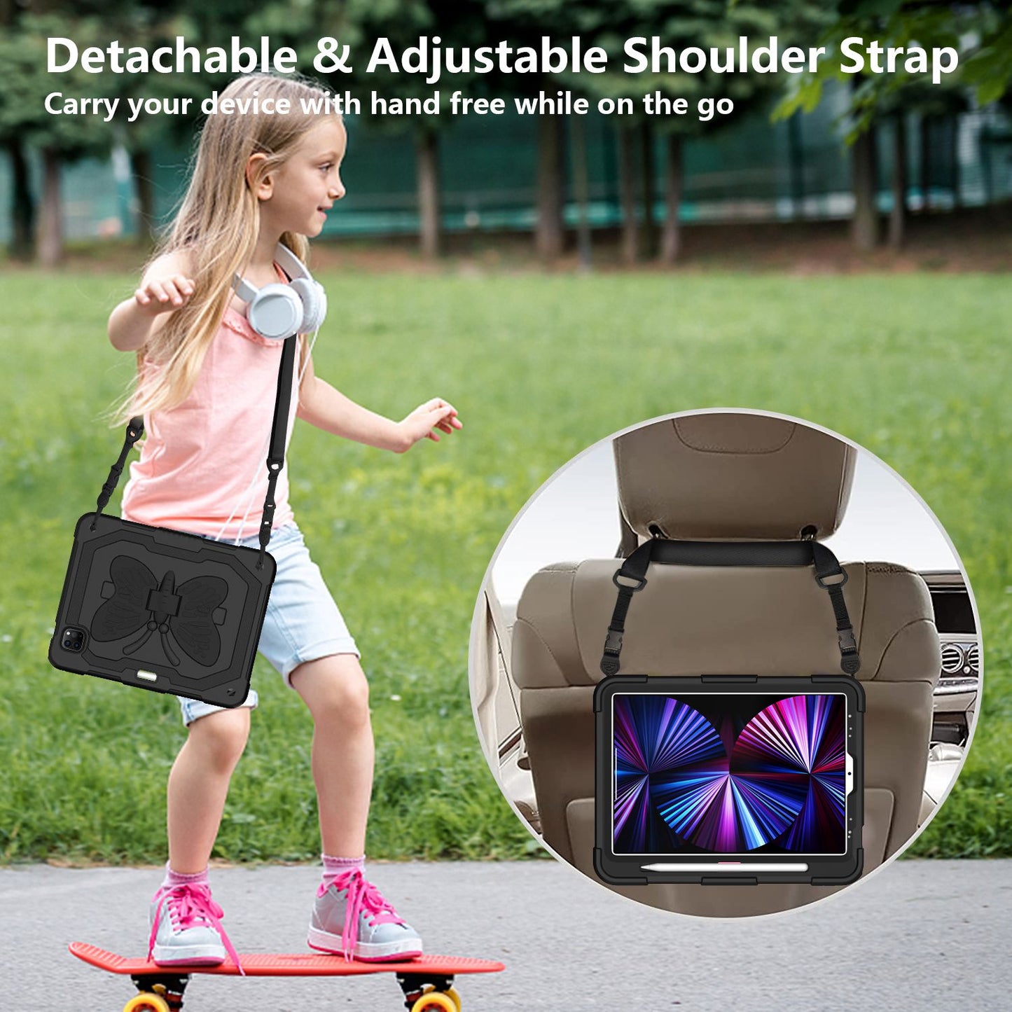 For iPad Pro 11-inch (2021) / (2020) / (2018) / iPad Air (2022) / (2020) Butterfly Shape Kickstand Tablet Case Silicone + PC Shockproof Cover with Shoulder Strap