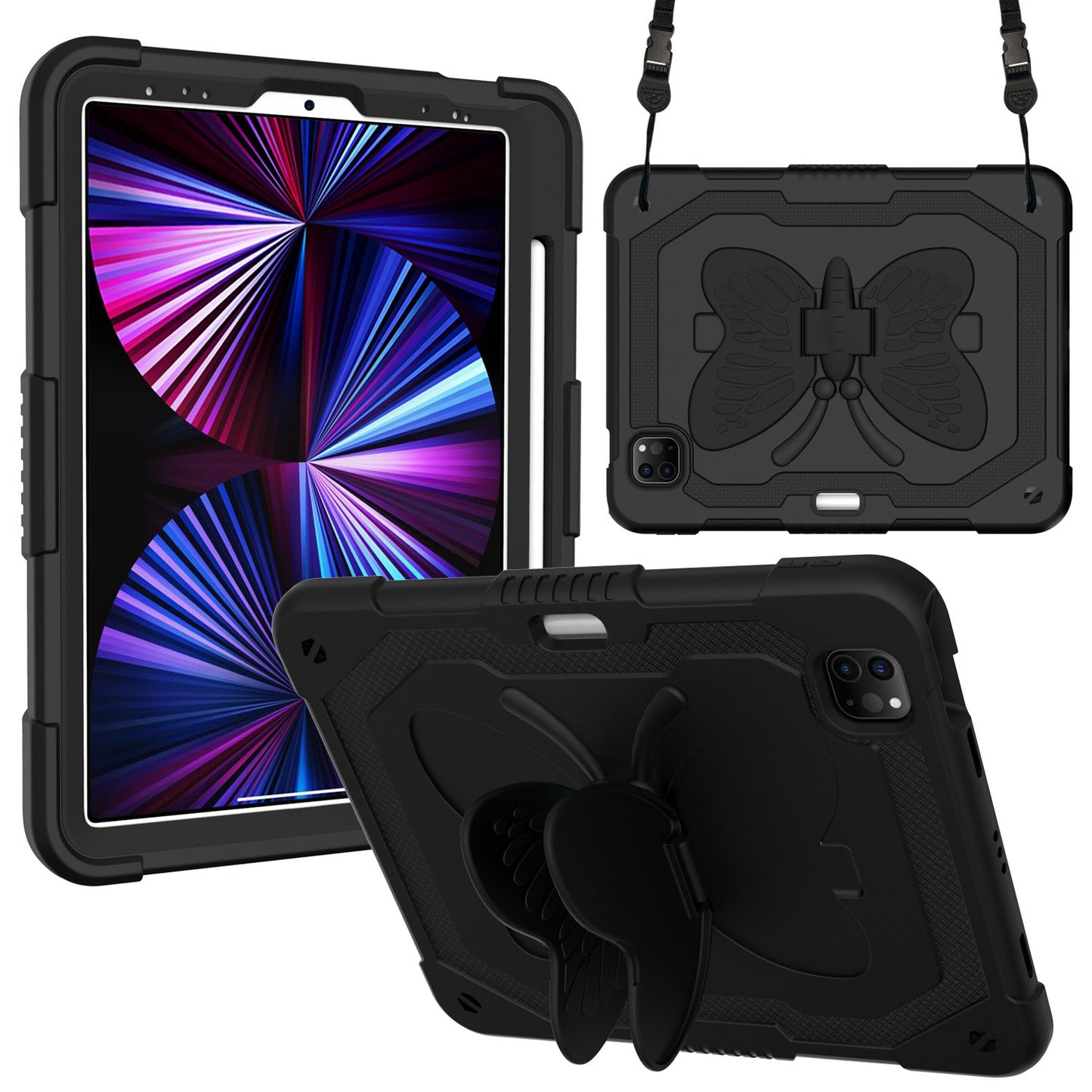 For iPad Pro 11-inch (2021) / (2020) / (2018) / iPad Air (2022) / (2020) Butterfly Shape Kickstand Tablet Case Silicone + PC Shockproof Cover with Shoulder Strap