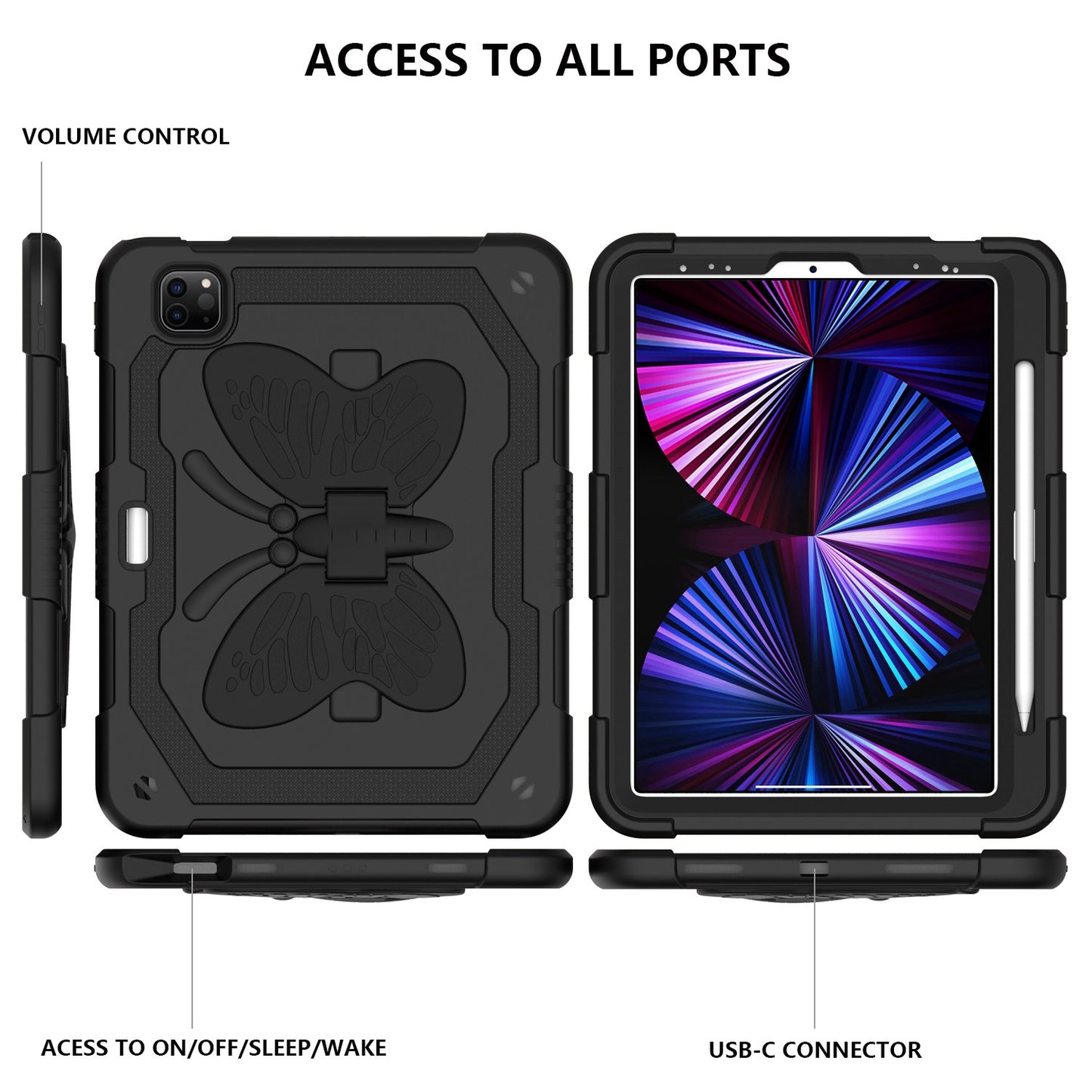 For iPad Pro 11-inch (2021) / (2020) / (2018) / iPad Air (2022) / (2020) Butterfly Shape Kickstand Tablet Case Silicone + PC Shockproof Cover with Shoulder Strap