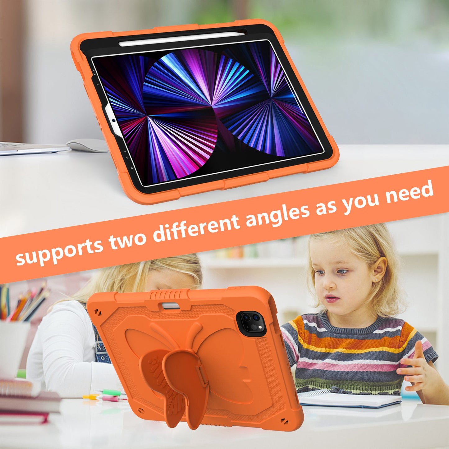 For iPad Pro 11-inch (2021) / (2020) / (2018) / iPad Air (2022) / (2020) Butterfly Shape Kickstand Tablet Case Silicone + PC Shockproof Cover with Shoulder Strap