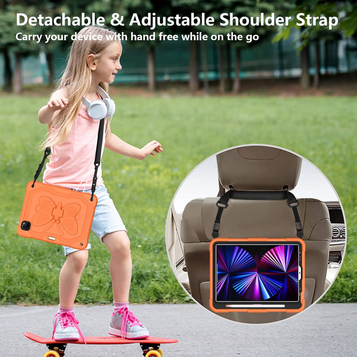 For iPad Pro 11-inch (2021) / (2020) / (2018) / iPad Air (2022) / (2020) Butterfly Shape Kickstand Tablet Case Silicone + PC Shockproof Cover with Shoulder Strap