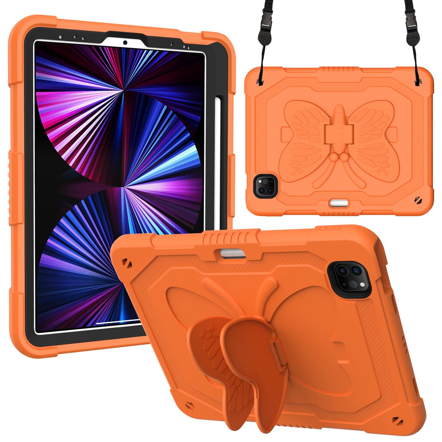 For iPad Pro 11-inch (2021) / (2020) / (2018) / iPad Air (2022) / (2020) Butterfly Shape Kickstand Tablet Case Silicone + PC Shockproof Cover with Shoulder Strap