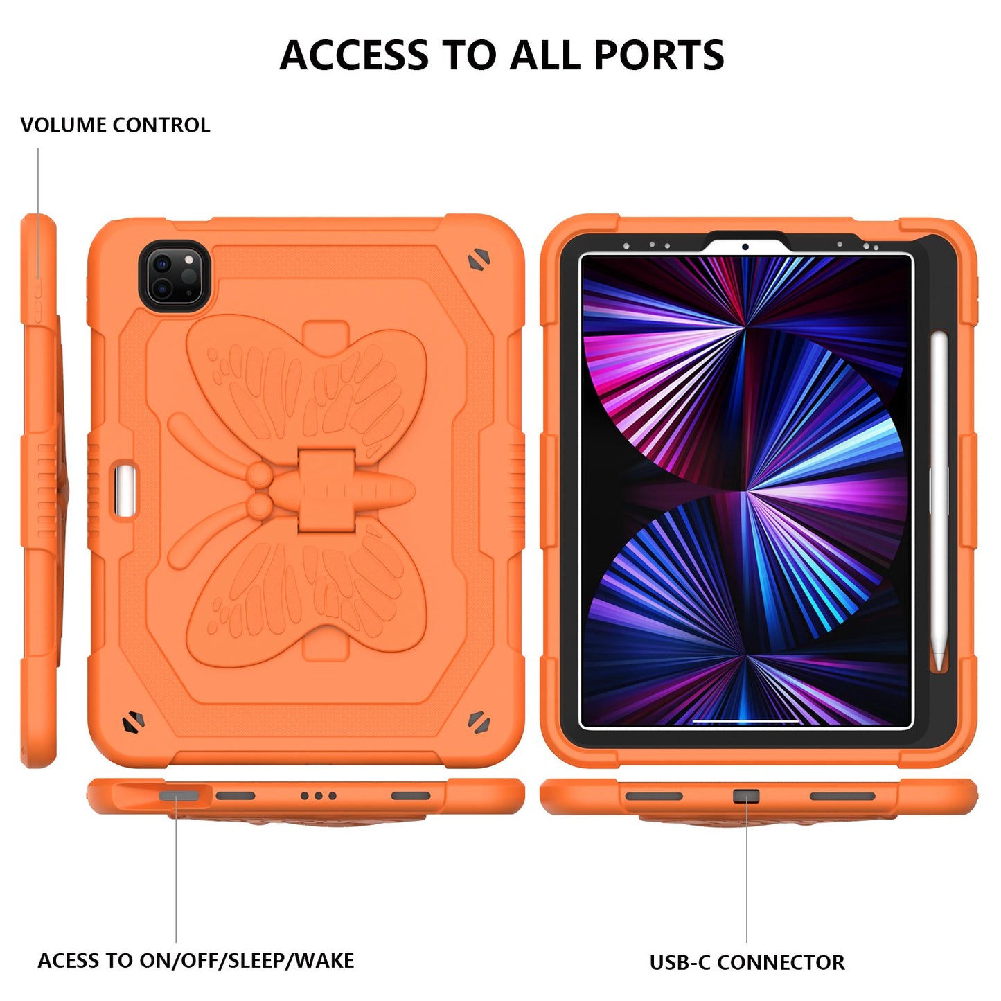 For iPad Pro 11-inch (2021) / (2020) / (2018) / iPad Air (2022) / (2020) Butterfly Shape Kickstand Tablet Case Silicone + PC Shockproof Cover with Shoulder Strap
