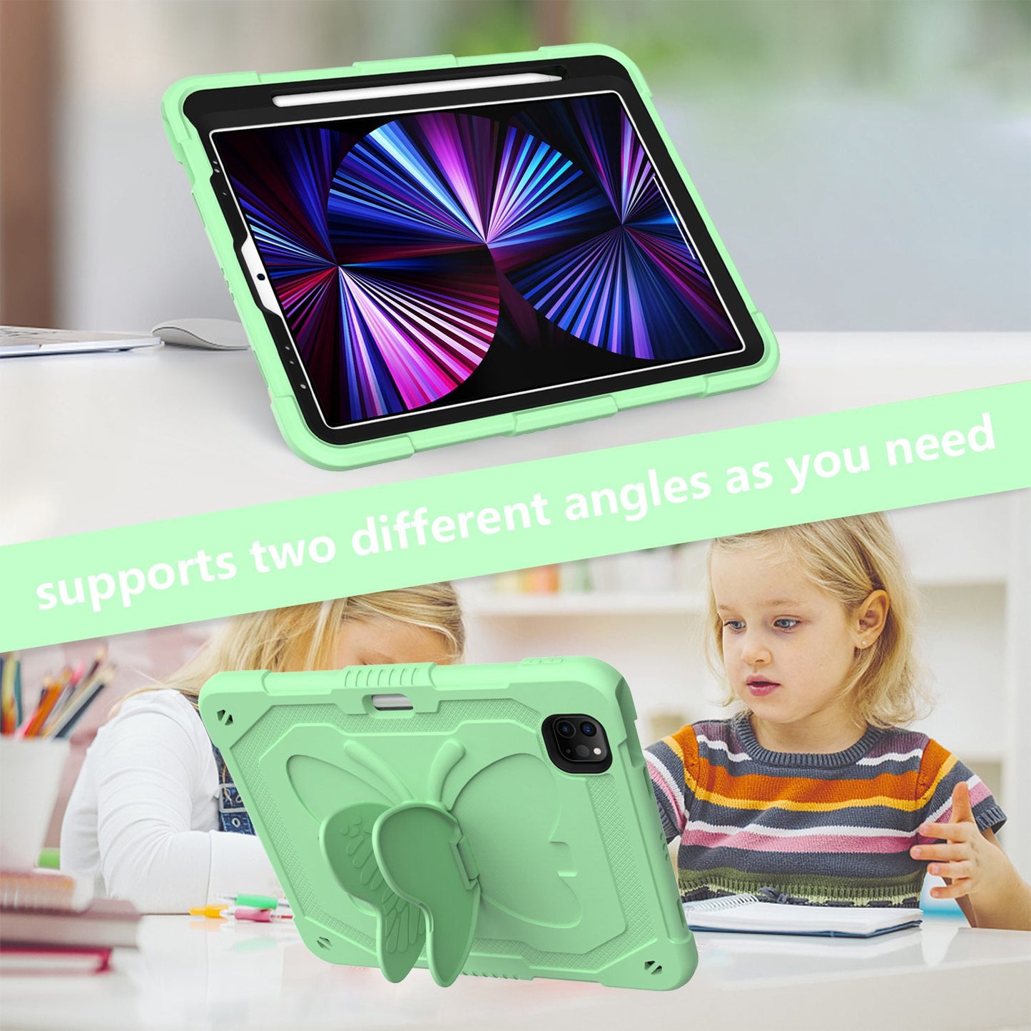 For iPad Pro 11-inch (2021) / (2020) / (2018) / iPad Air (2022) / (2020) Butterfly Shape Kickstand Tablet Case Silicone + PC Shockproof Cover with Shoulder Strap