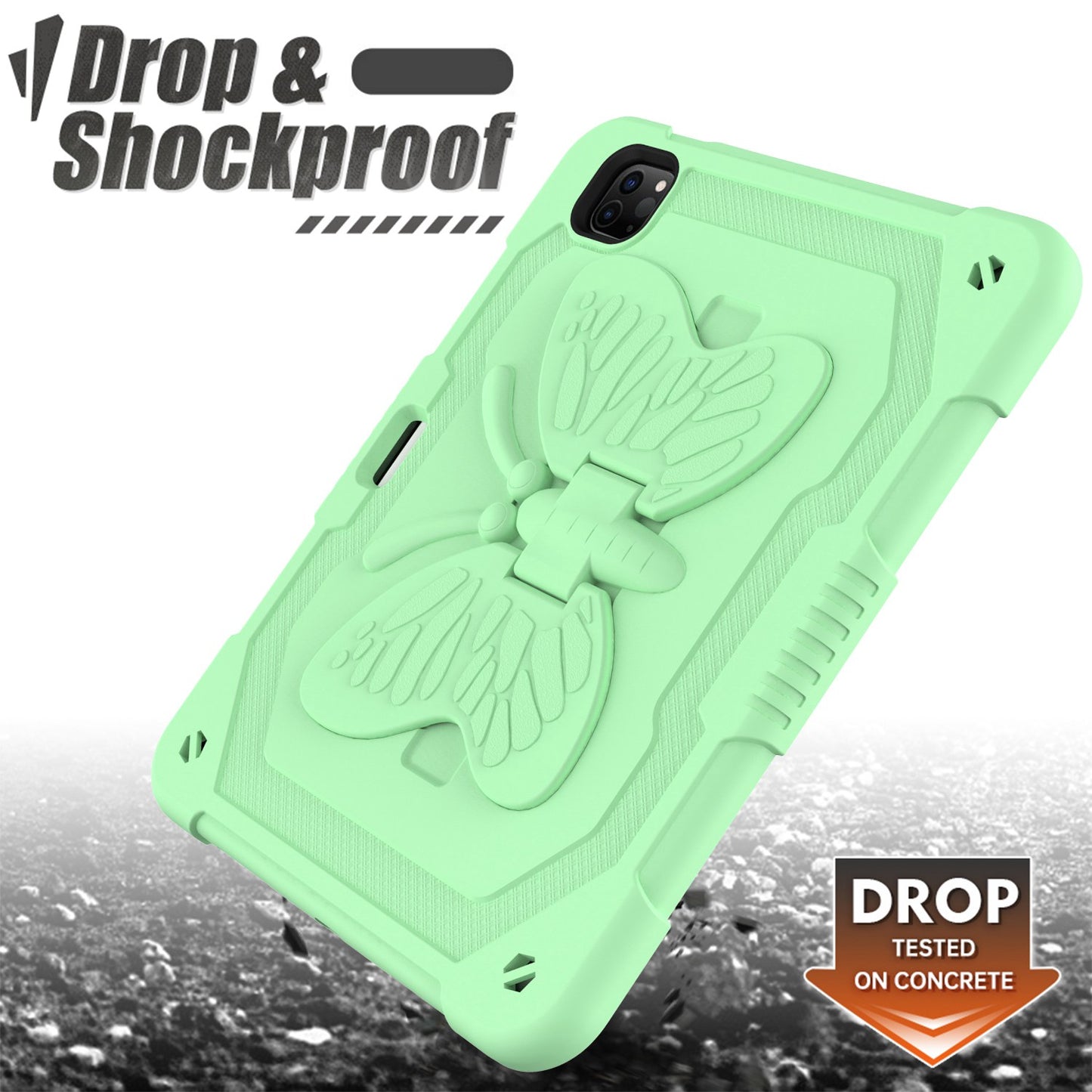 For iPad Pro 11-inch (2021) / (2020) / (2018) / iPad Air (2022) / (2020) Butterfly Shape Kickstand Tablet Case Silicone + PC Shockproof Cover with Shoulder Strap