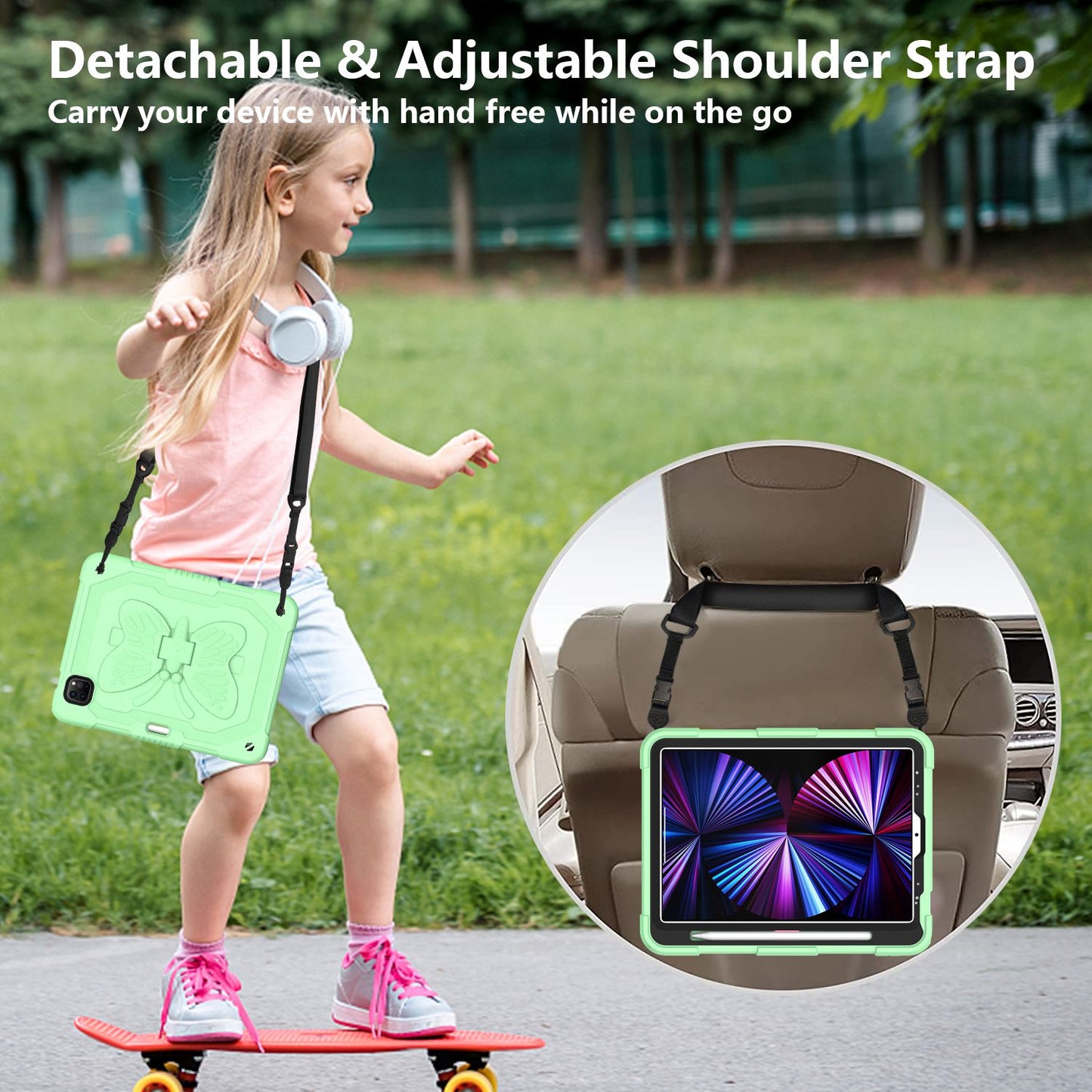 For iPad Pro 11-inch (2021) / (2020) / (2018) / iPad Air (2022) / (2020) Butterfly Shape Kickstand Tablet Case Silicone + PC Shockproof Cover with Shoulder Strap