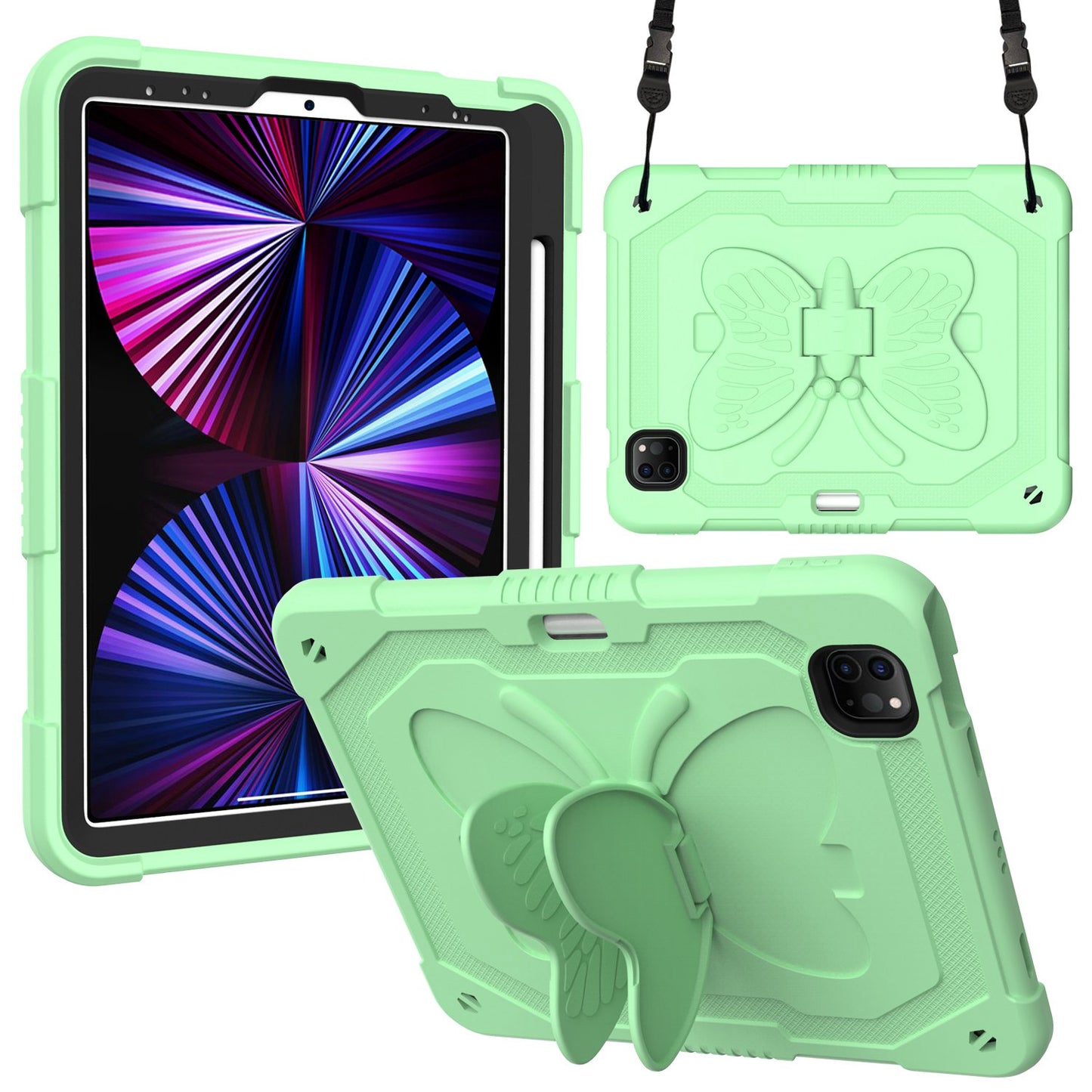 For iPad Pro 11-inch (2021) / (2020) / (2018) / iPad Air (2022) / (2020) Butterfly Shape Kickstand Tablet Case Silicone + PC Shockproof Cover with Shoulder Strap