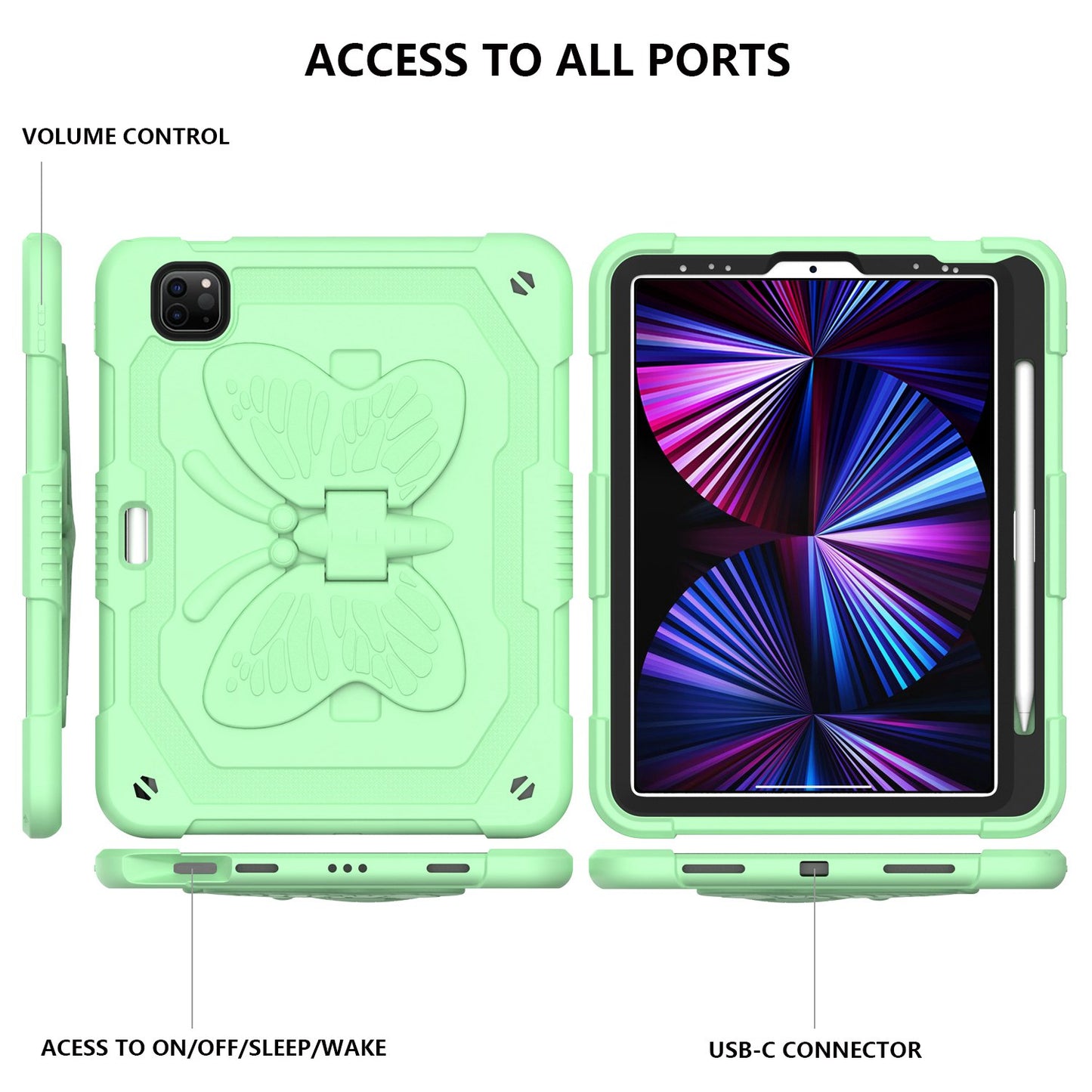 For iPad Pro 11-inch (2021) / (2020) / (2018) / iPad Air (2022) / (2020) Butterfly Shape Kickstand Tablet Case Silicone + PC Shockproof Cover with Shoulder Strap