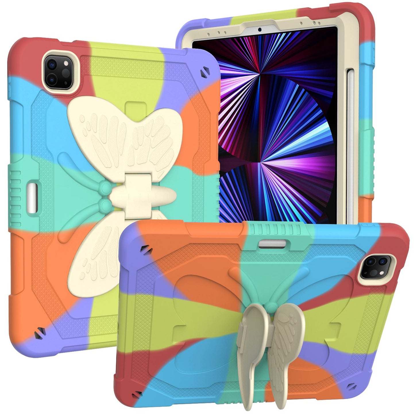 For iPad Pro 11-inch (2021) / (2020) / (2018) / iPad Air (2022) / (2020) Silicone + PC Tablet Case Butterfly Shape Kickstand Drop-proof Cover with Shoulder Strap
