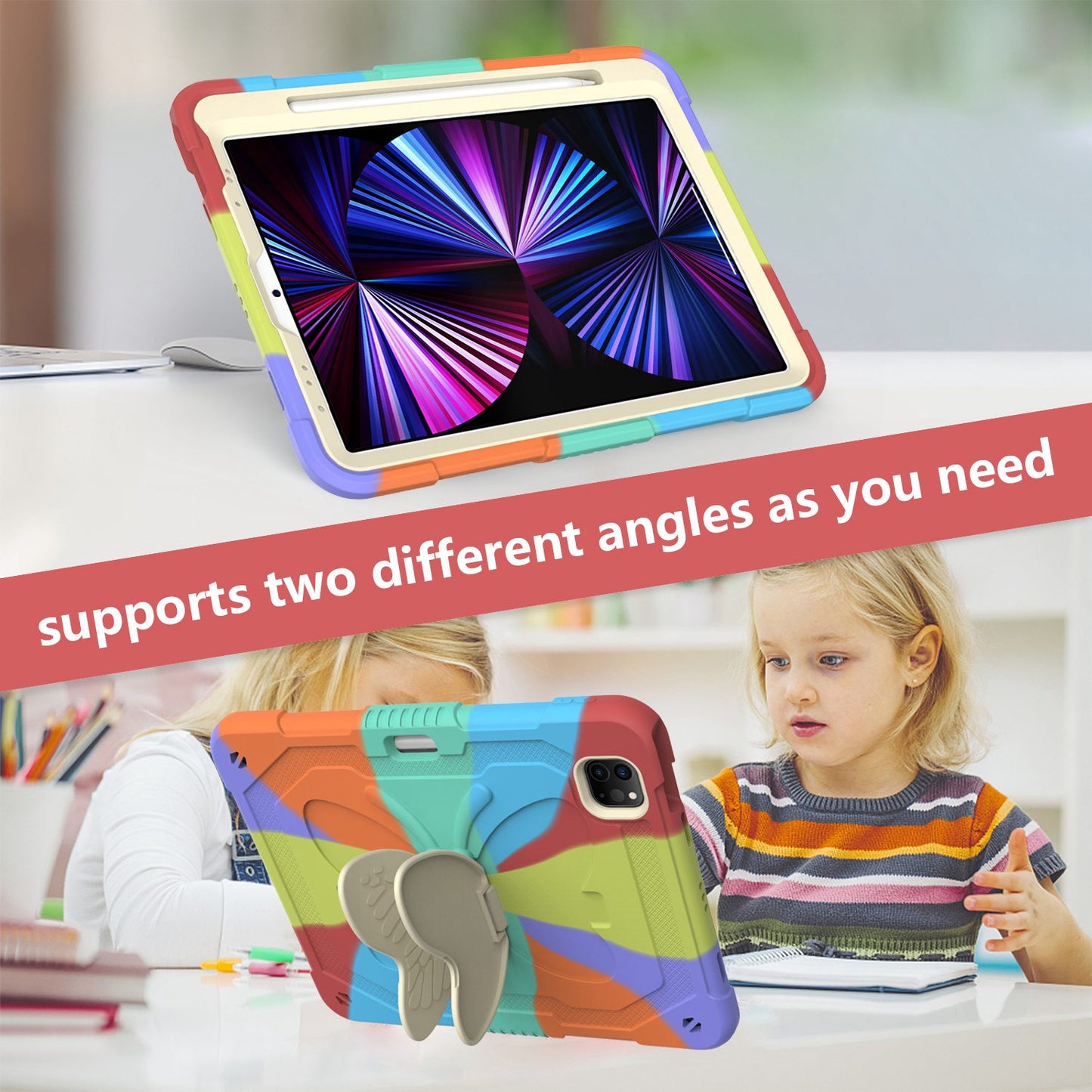For iPad Pro 11-inch (2021) / (2020) / (2018) / iPad Air (2022) / (2020) Silicone + PC Tablet Case Butterfly Shape Kickstand Drop-proof Cover with Shoulder Strap