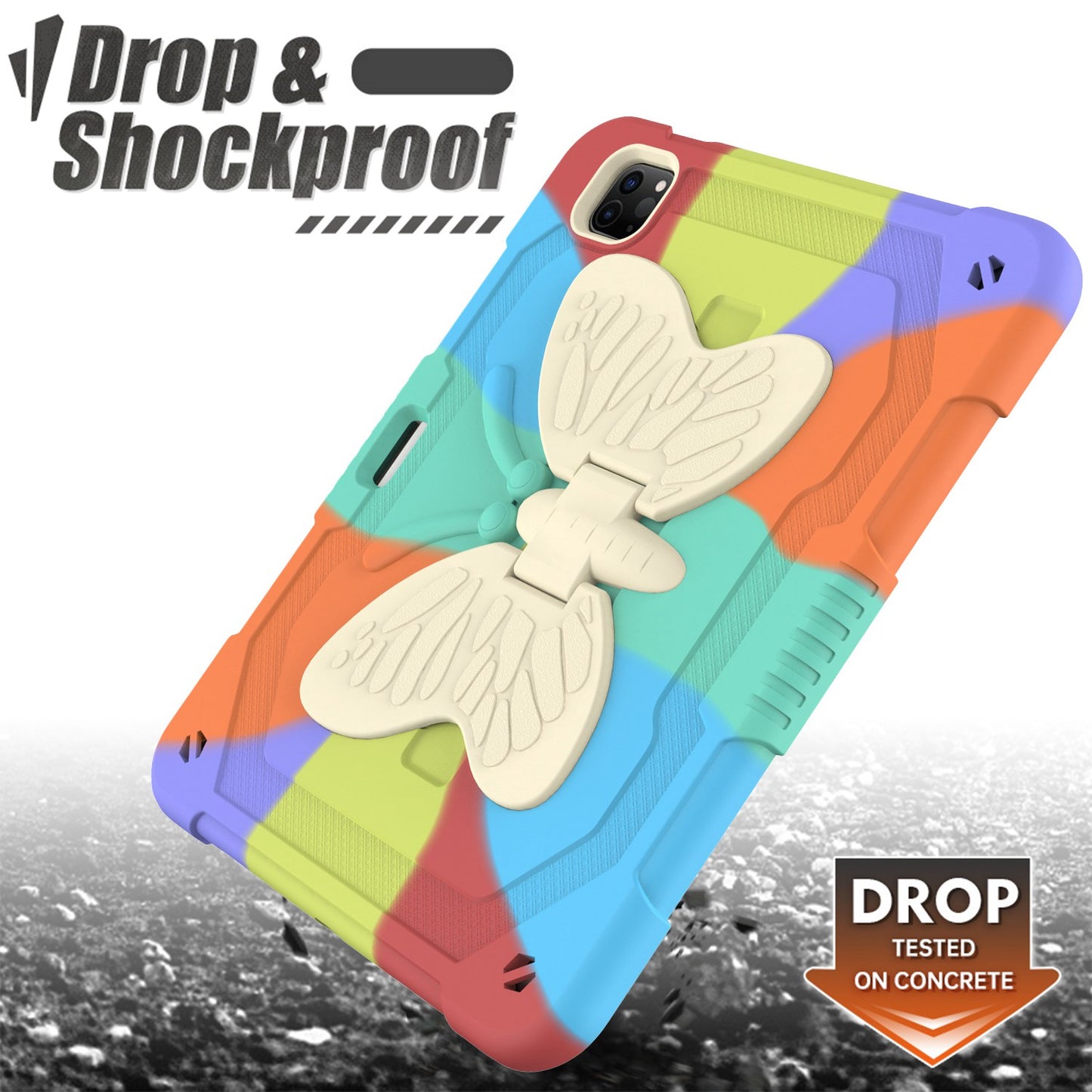 For iPad Pro 11-inch (2021) / (2020) / (2018) / iPad Air (2022) / (2020) Silicone + PC Tablet Case Butterfly Shape Kickstand Drop-proof Cover with Shoulder Strap
