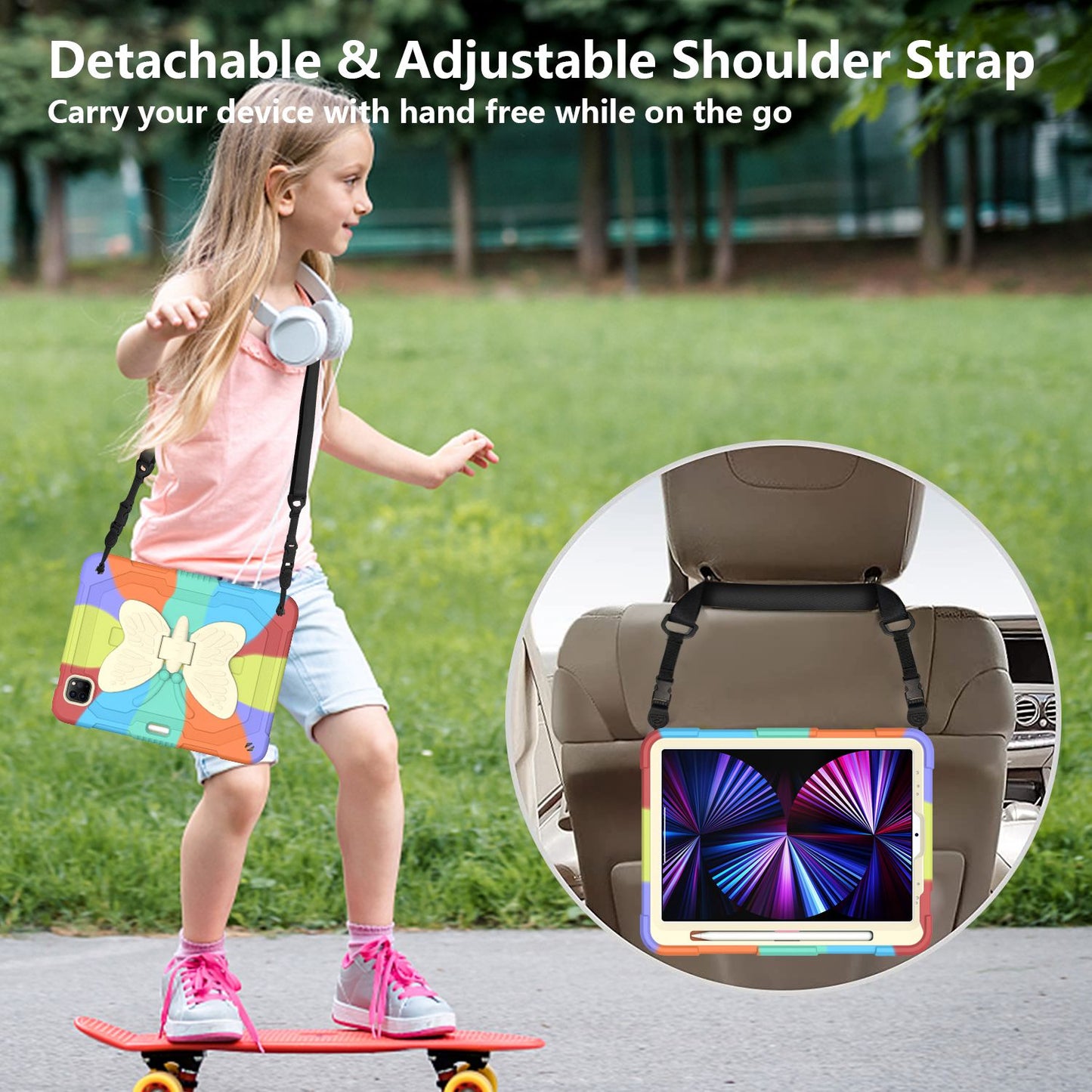 For iPad Pro 11-inch (2021) / (2020) / (2018) / iPad Air (2022) / (2020) Silicone + PC Tablet Case Butterfly Shape Kickstand Drop-proof Cover with Shoulder Strap