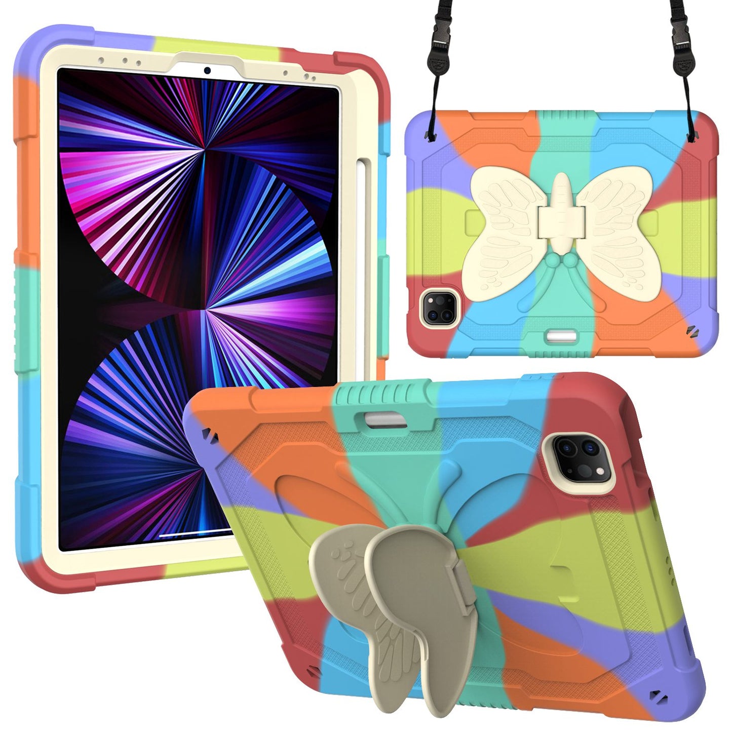For iPad Pro 11-inch (2021) / (2020) / (2018) / iPad Air (2022) / (2020) Silicone + PC Tablet Case Butterfly Shape Kickstand Drop-proof Cover with Shoulder Strap
