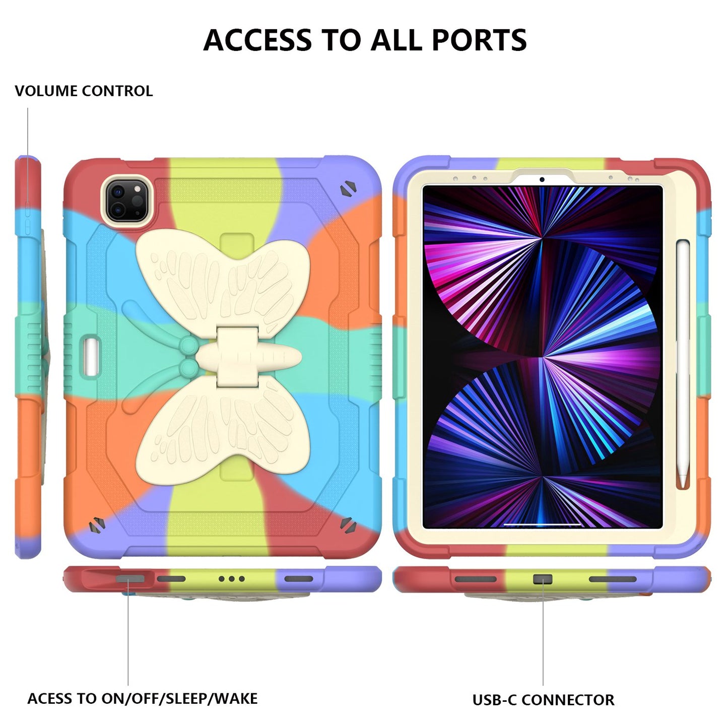 For iPad Pro 11-inch (2021) / (2020) / (2018) / iPad Air (2022) / (2020) Silicone + PC Tablet Case Butterfly Shape Kickstand Drop-proof Cover with Shoulder Strap