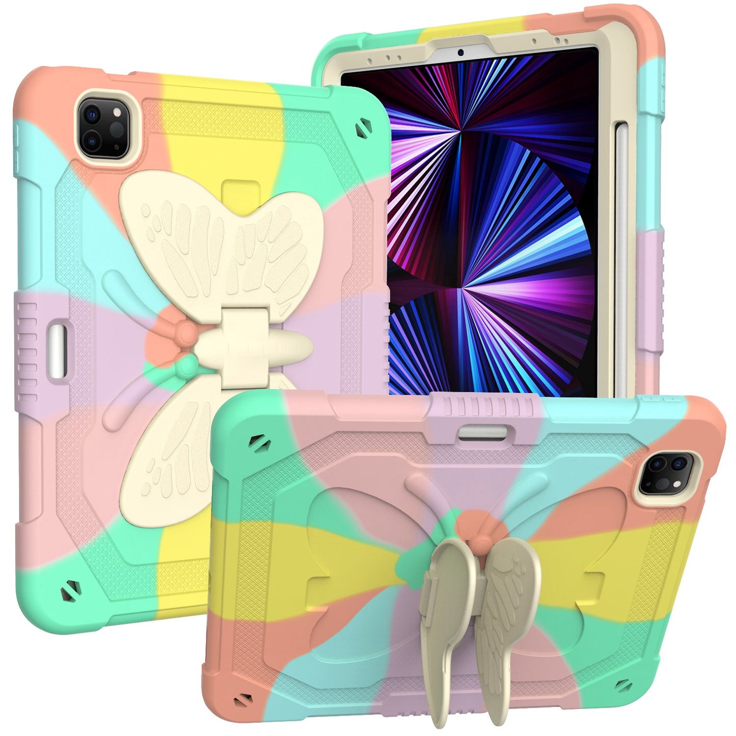 For iPad Pro 11-inch (2021) / (2020) / (2018) / iPad Air (2022) / (2020) Silicone + PC Tablet Case Butterfly Shape Kickstand Drop-proof Cover with Shoulder Strap