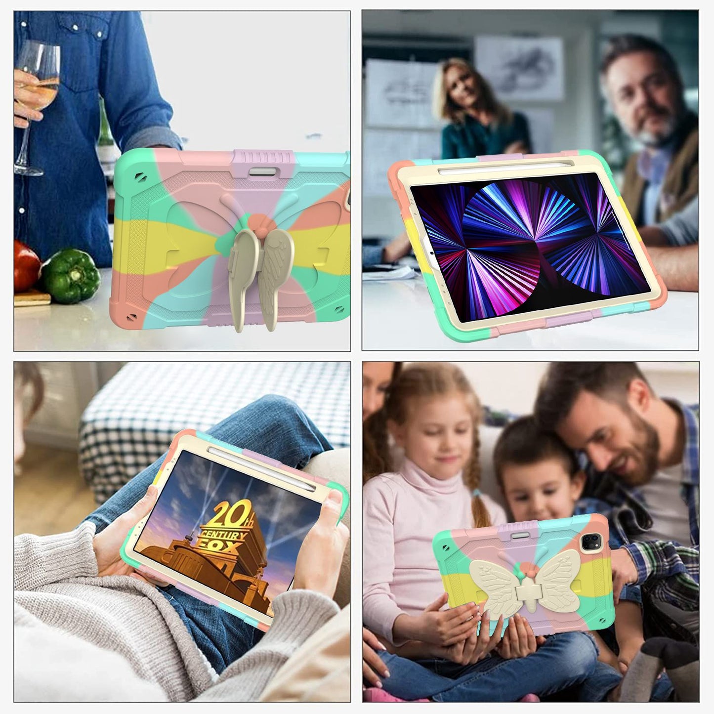 For iPad Pro 11-inch (2021) / (2020) / (2018) / iPad Air (2022) / (2020) Silicone + PC Tablet Case Butterfly Shape Kickstand Drop-proof Cover with Shoulder Strap