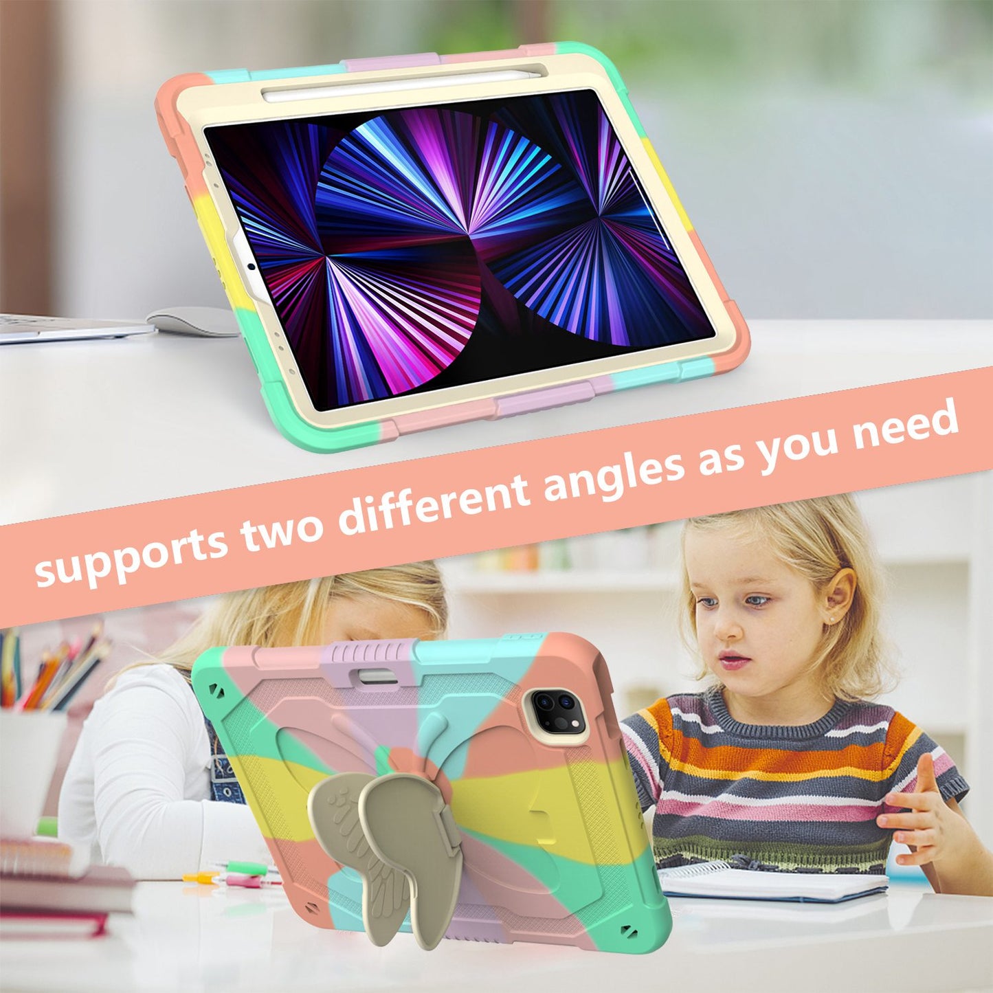 For iPad Pro 11-inch (2021) / (2020) / (2018) / iPad Air (2022) / (2020) Silicone + PC Tablet Case Butterfly Shape Kickstand Drop-proof Cover with Shoulder Strap